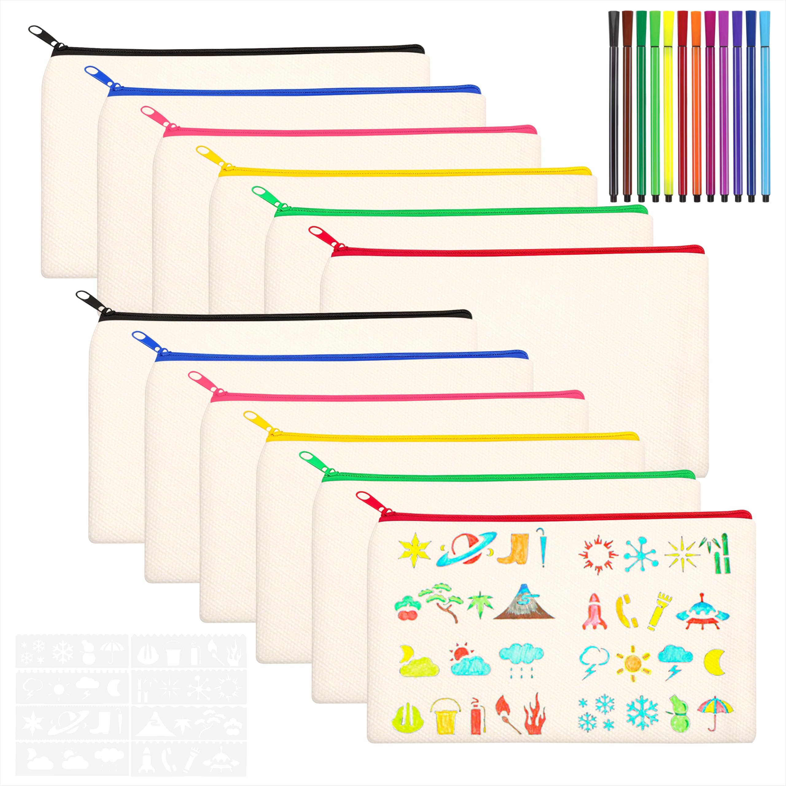 Qzakce Blank Canvas Zipper Bags 12 Pcs Blank Fabric Pencil Cases with 12 Color Pen and Templates for DIY Painting Party Gifts Art Class Travel Cosmetic Organizer