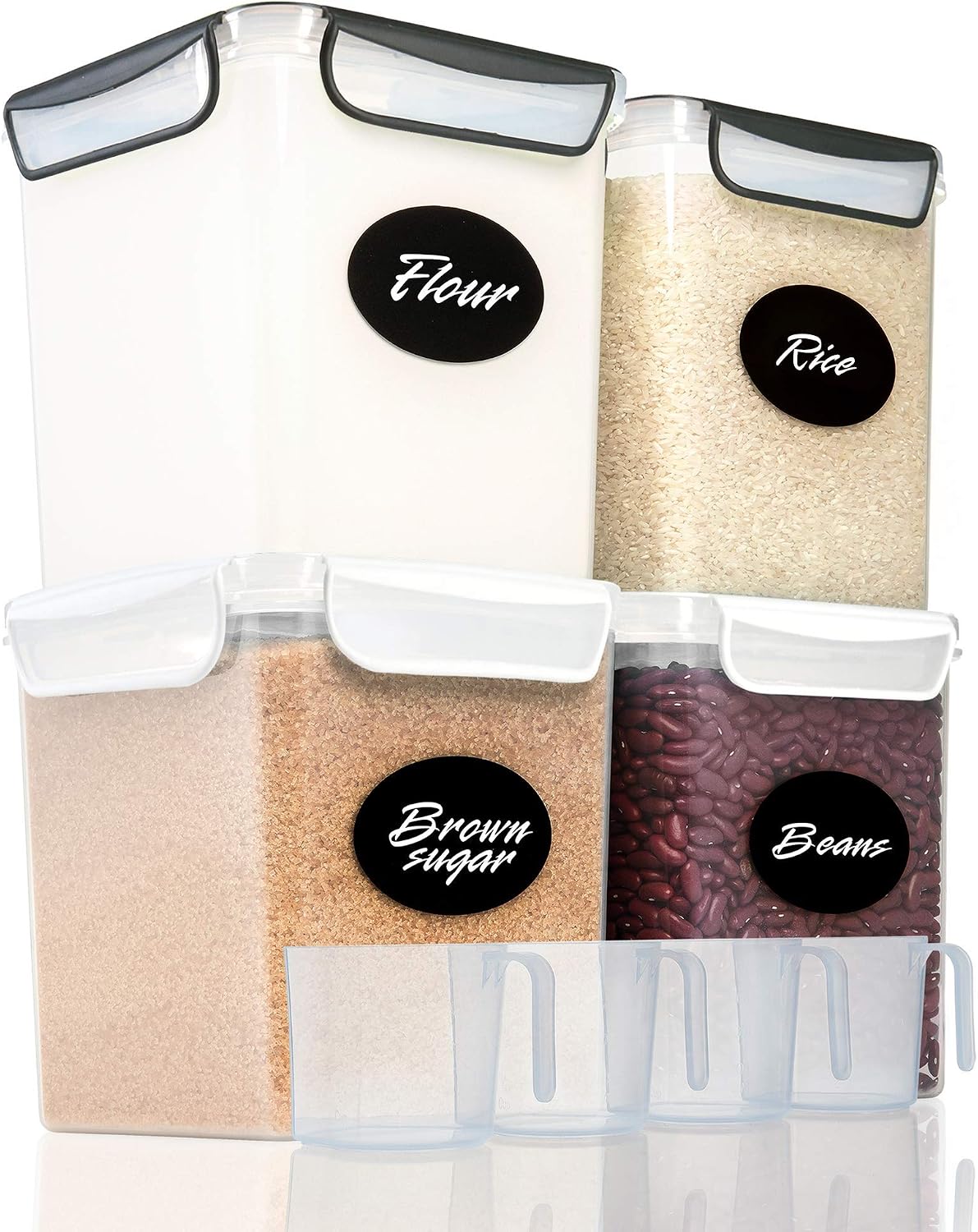 4 Large Airtight Food Storage Containers for Flour, Sugar 142oz - Kitchen Pantry Plastic Containers - Air Tight Canisters Set With Locking Lids - 8 Labels, Marker and 4 Measuring Cups(Black,White)