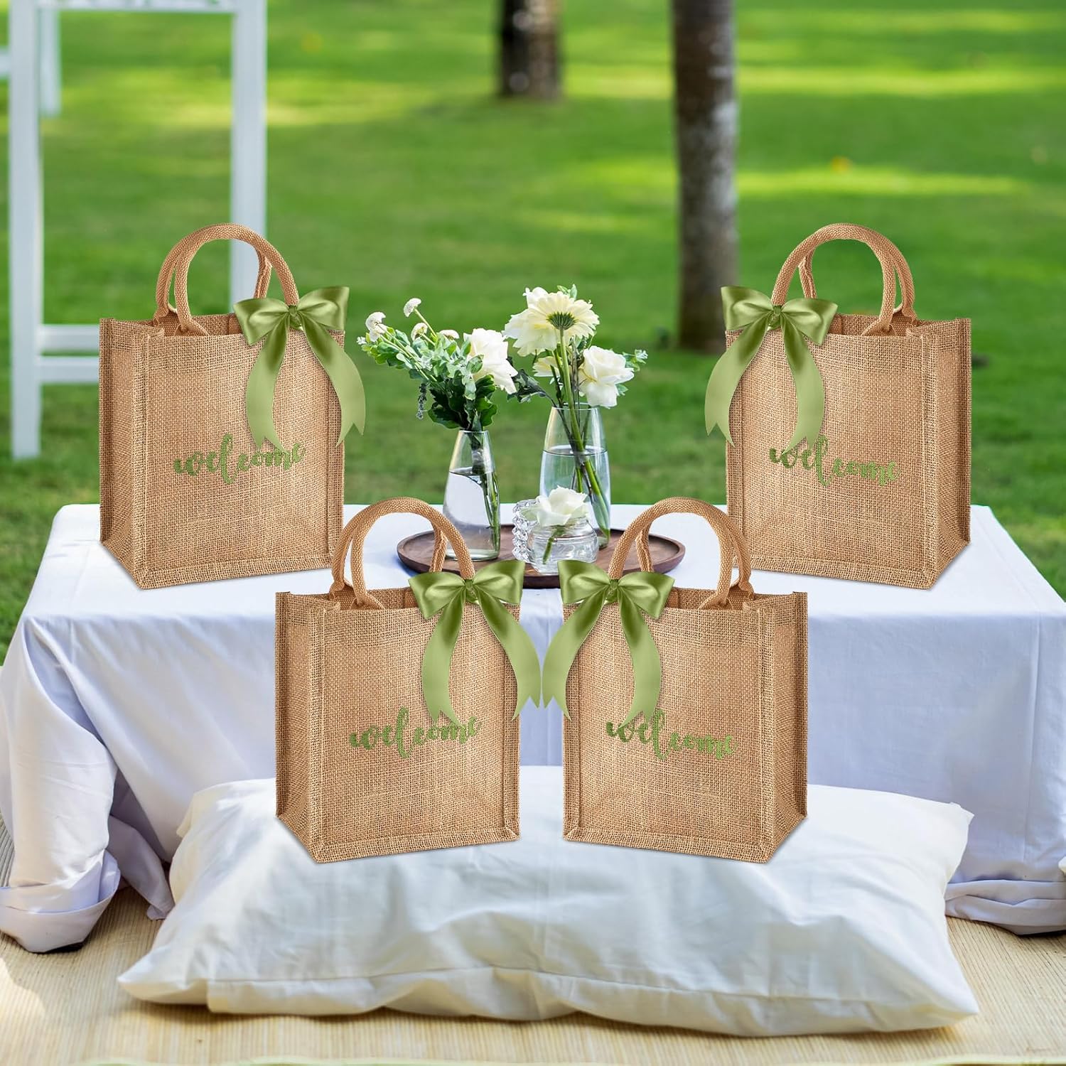 party greeting 10 Pack Burlap Welcome Gift Bags with Handles Jute Wedding Bags with 1 Roll of Sage Green Ribbon Bridesmaid Bag Party Favor Bag Suitable for Parties Birthdays Weddings