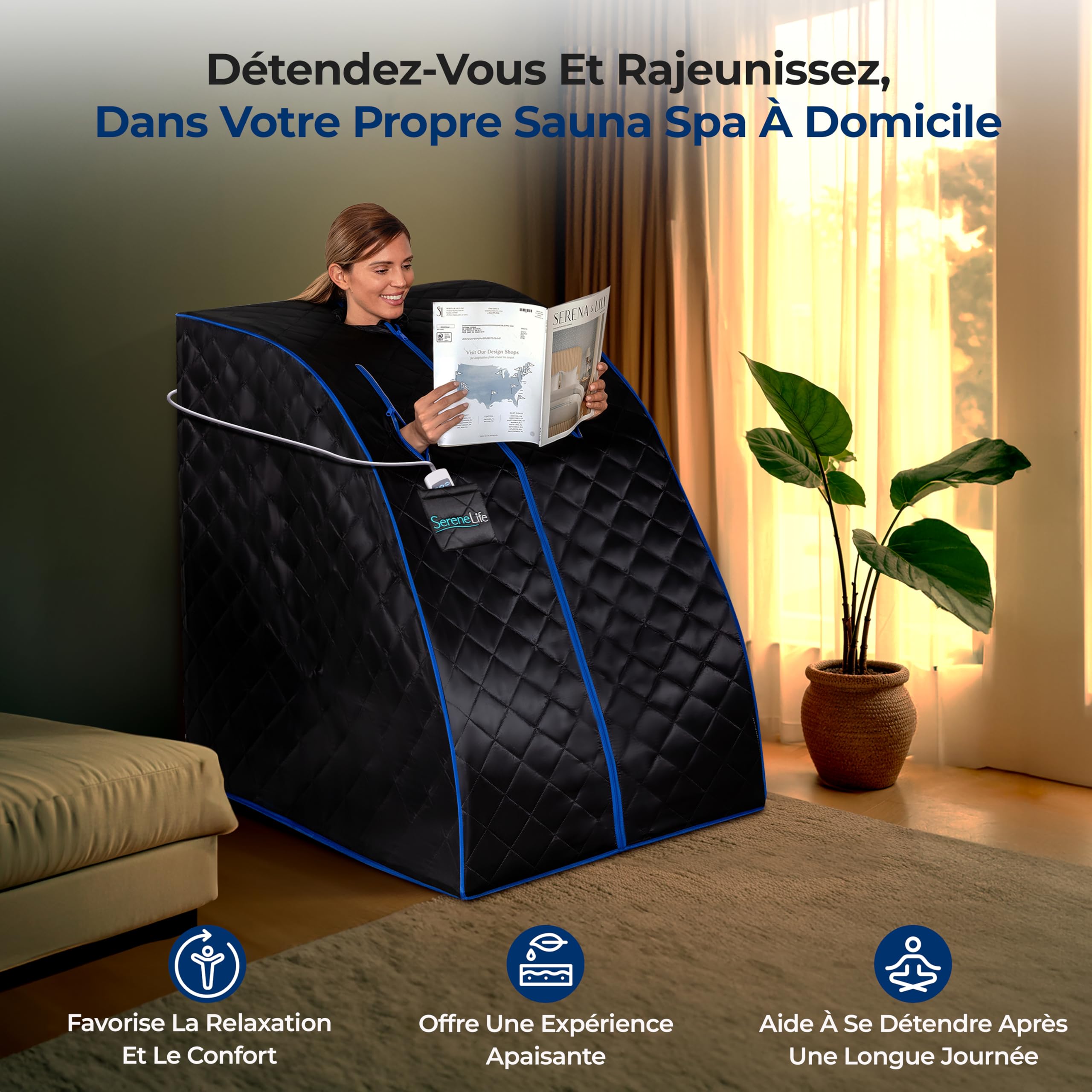 SereneLife Sauna, Sauna Portable/Infrarouge, Vapeur, Spa Maison, Perdre du Poids, Détox, Tente Chauffante Mobile, Pliable Cabine avec Coussin Chauffant pour Les Pieds et Chaise Pliante