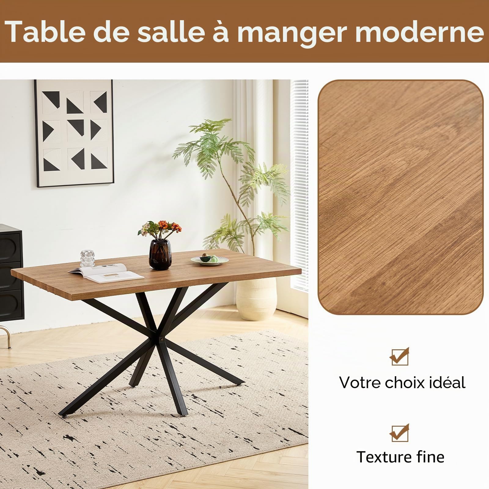 Table à Manger Rectangulaire de 140 cm pour 4 à 6 Personnes, avec Pieds en Métal Robustes, Idéale pour Le Salon ou la Salle à Manger. (Marron)