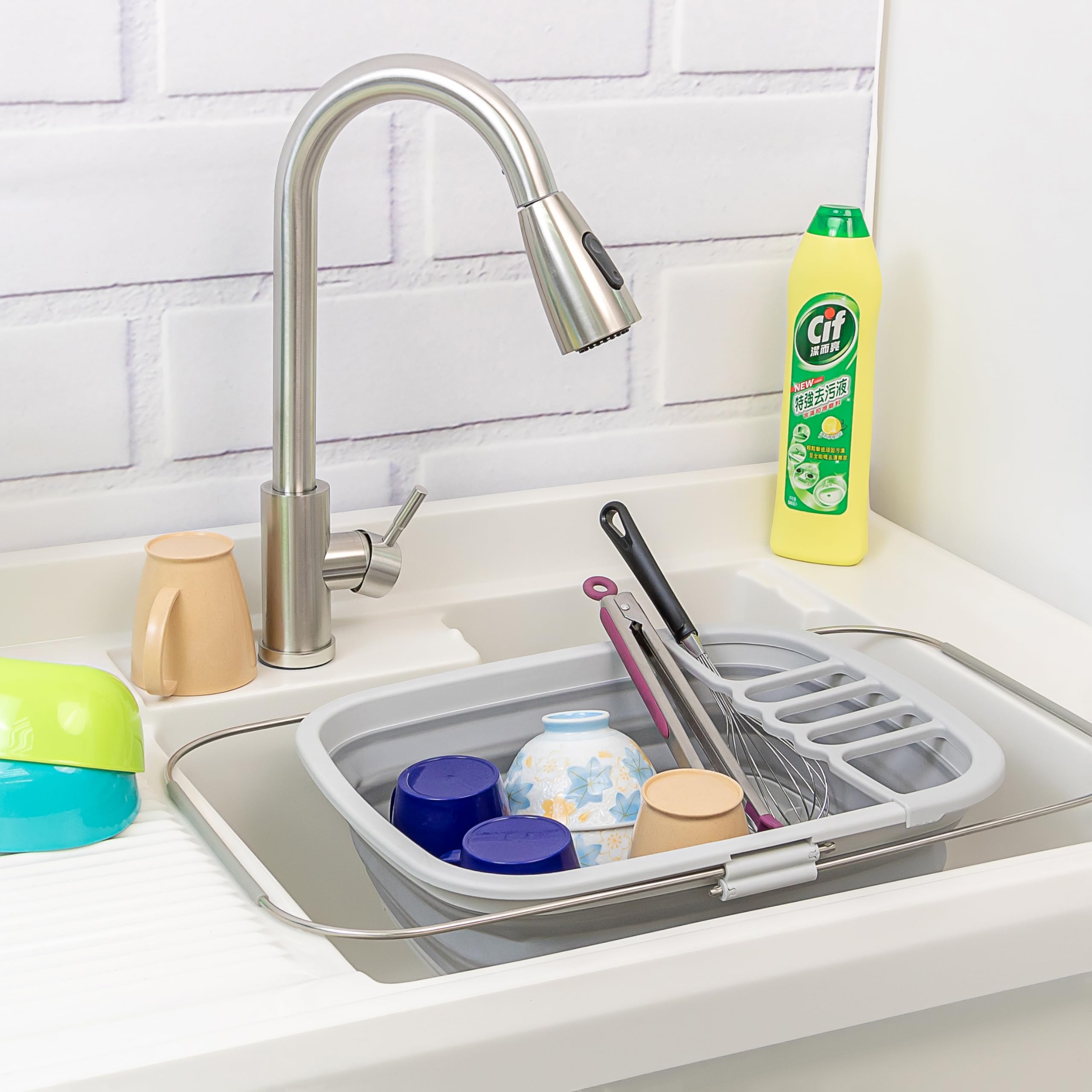 SAMMART Escurridor de platos plegable expandible de 8 L (2.11 galones), estante de secado plegable, organizador de vajilla portátil, bandeja de almacenamiento de cocina que ahorra espacio (gris, 1)