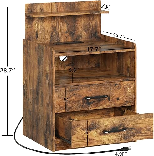 Miniatura 9 de Mesita de noche LED con estación de carga, mesita de noche con 2 cajones y almacenamiento abierto, mesita de noche con luces LED, mesa auxiliar