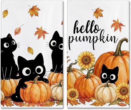 Hexagram Fall Kitchen Towels, Black Cat Hand Towels, Pumpkin Fall Decor