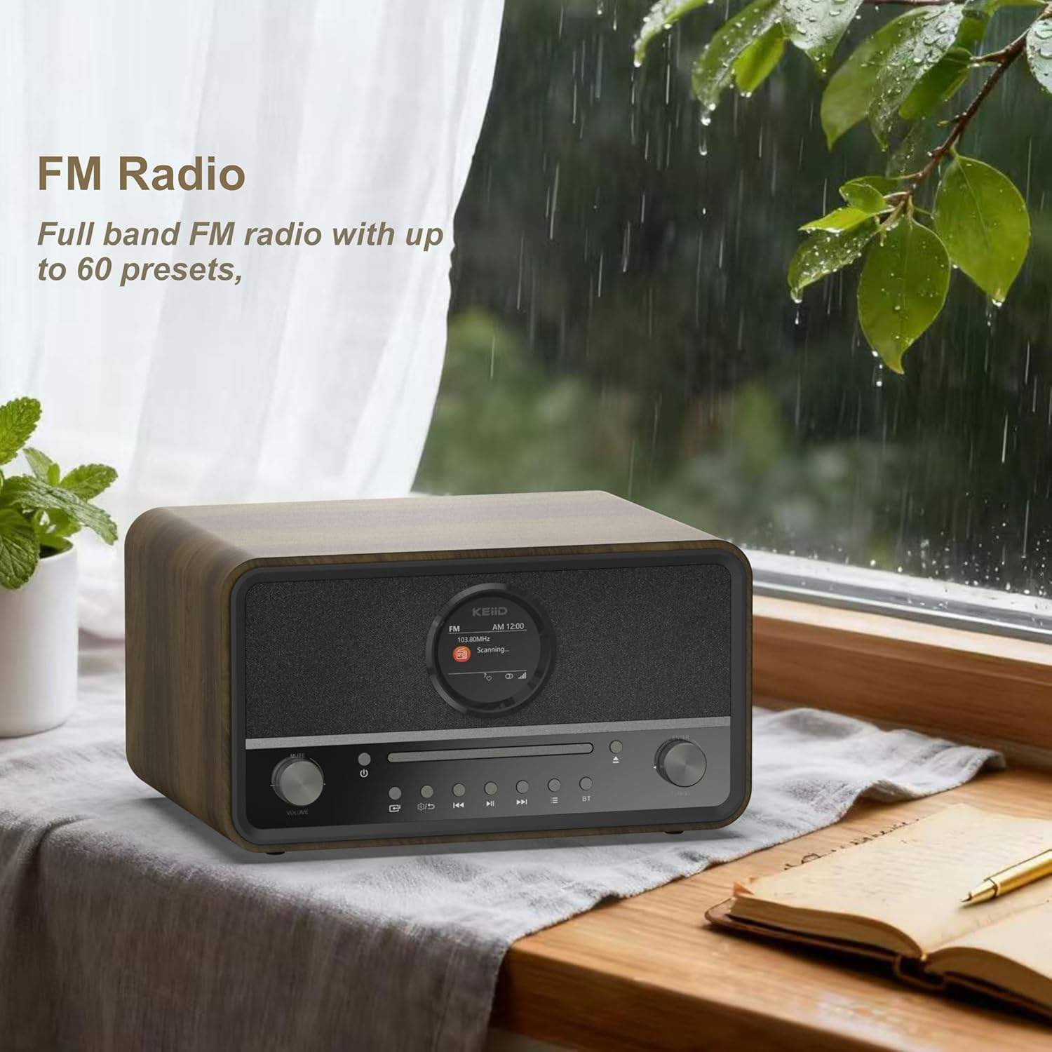 KEiiD Compact Radio CD Player with Speakers for Home, Retro Look Art-Deco Bluetooth Stereo Shelf System, LED Display with Dual Alarm Clocks, USB Playback, AUX, Headphone Output - Image 6