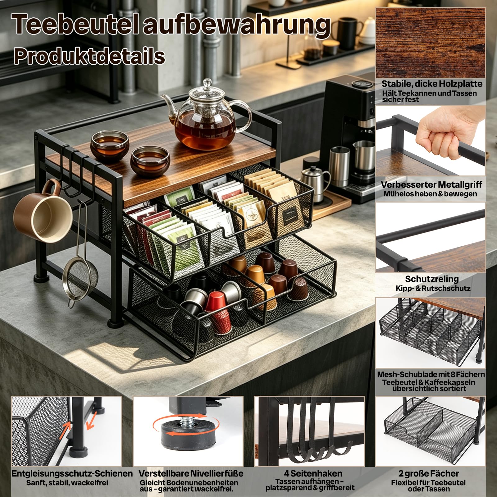 Beslands Teebeutel Aufbewahrung mit 2 Schubladen & 4 abnehmbaren Haken, Tee Organizer mit 8 kleinen + 2 großen Fächern, vielseitige Tee Aufbewahrung für Arbeitsplatte, Kaffeebar & Schreibtisch