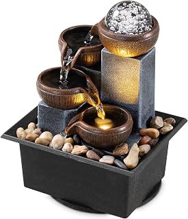 AMOOTEK 4-Tier Tabletop Waterfall Fountain with LED Lights, River Rocks & Bubble Ball - Indoor Meditation Desktop Decor