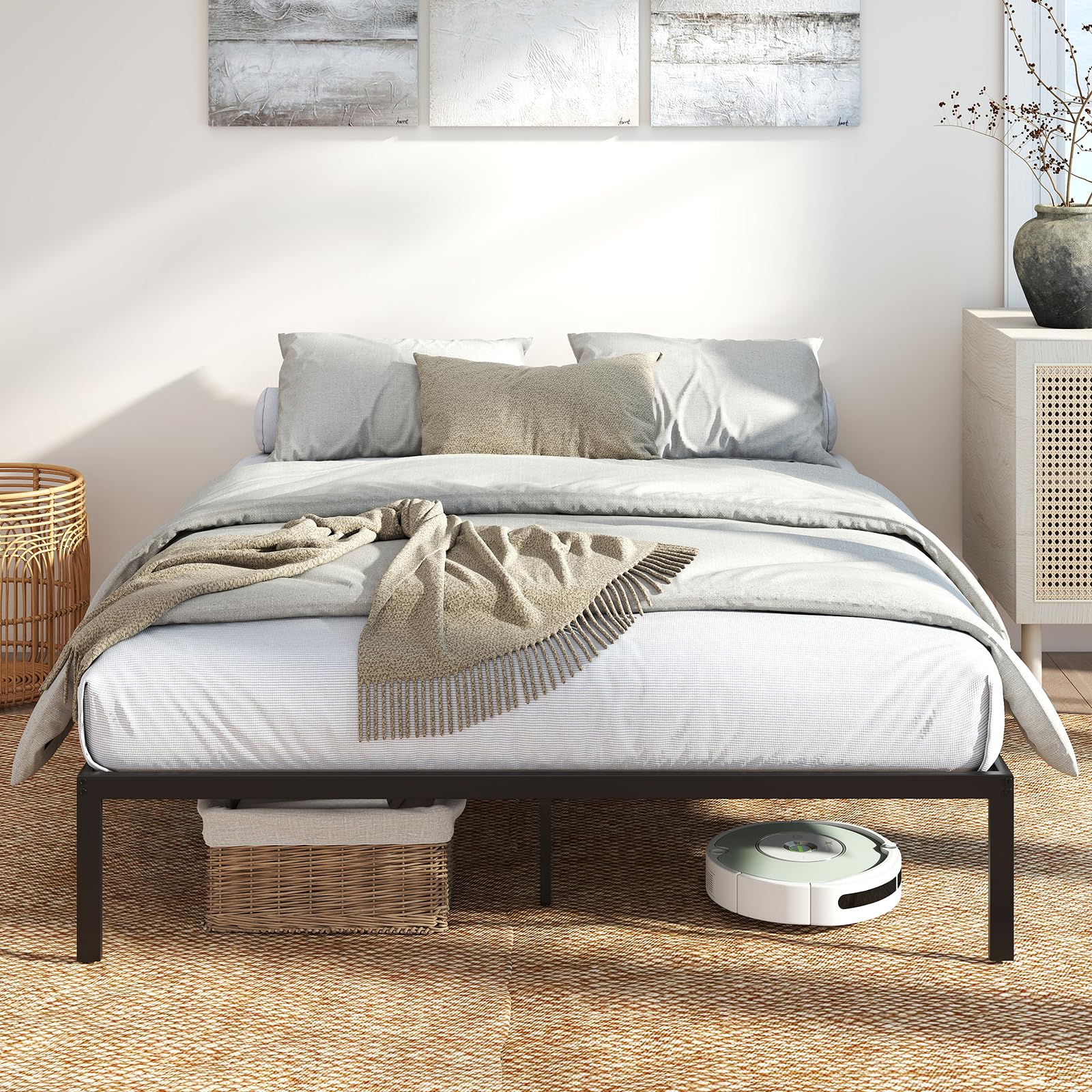 GIANTEX Rama łóżka 140 x 200 cm, metalowe łóżko platformowe ze stelażem z blachy i 9 nogami podpierającymi, miejscem do przechowywania, łatwy montaż, czarna