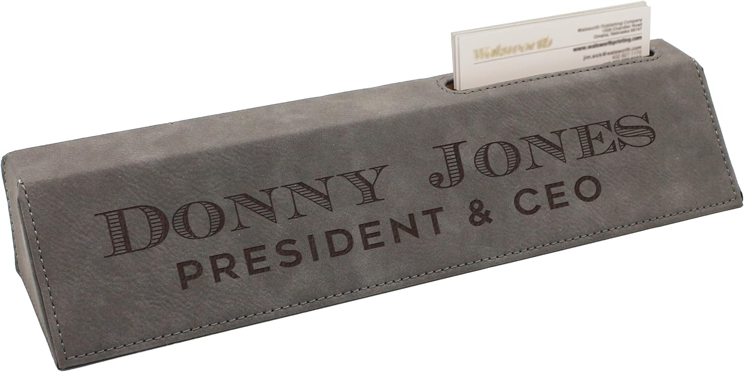 Custom Engraved Desk Name Plate - Personalized Desk Wedge with Business Card Holder (Gray)