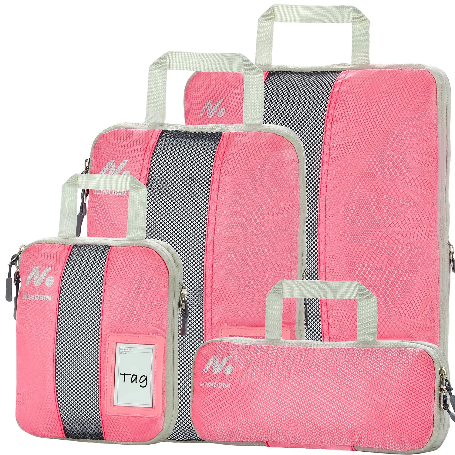 MONOBIN 4 Set Compression Packing Cubes with Tag Holder for Travel, Expandable Packing Organizers for Travel Accessories, Carry On Suitcase Organizer Bags Set as Travel Essentials(4set, Pink)…