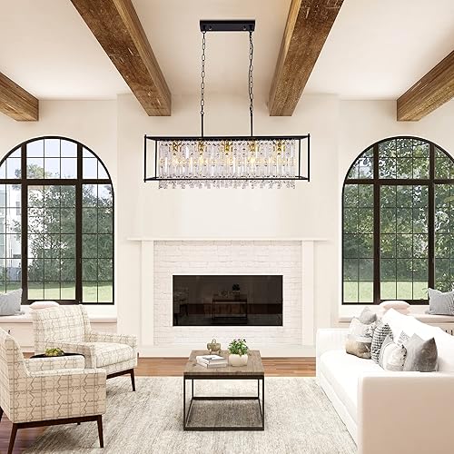 Miniatura 9 de Candelabros de cristal para comedor, lámpara negra moderna para sala de estar, altura ajustable, lámpara colgante de 5 luces, iluminación