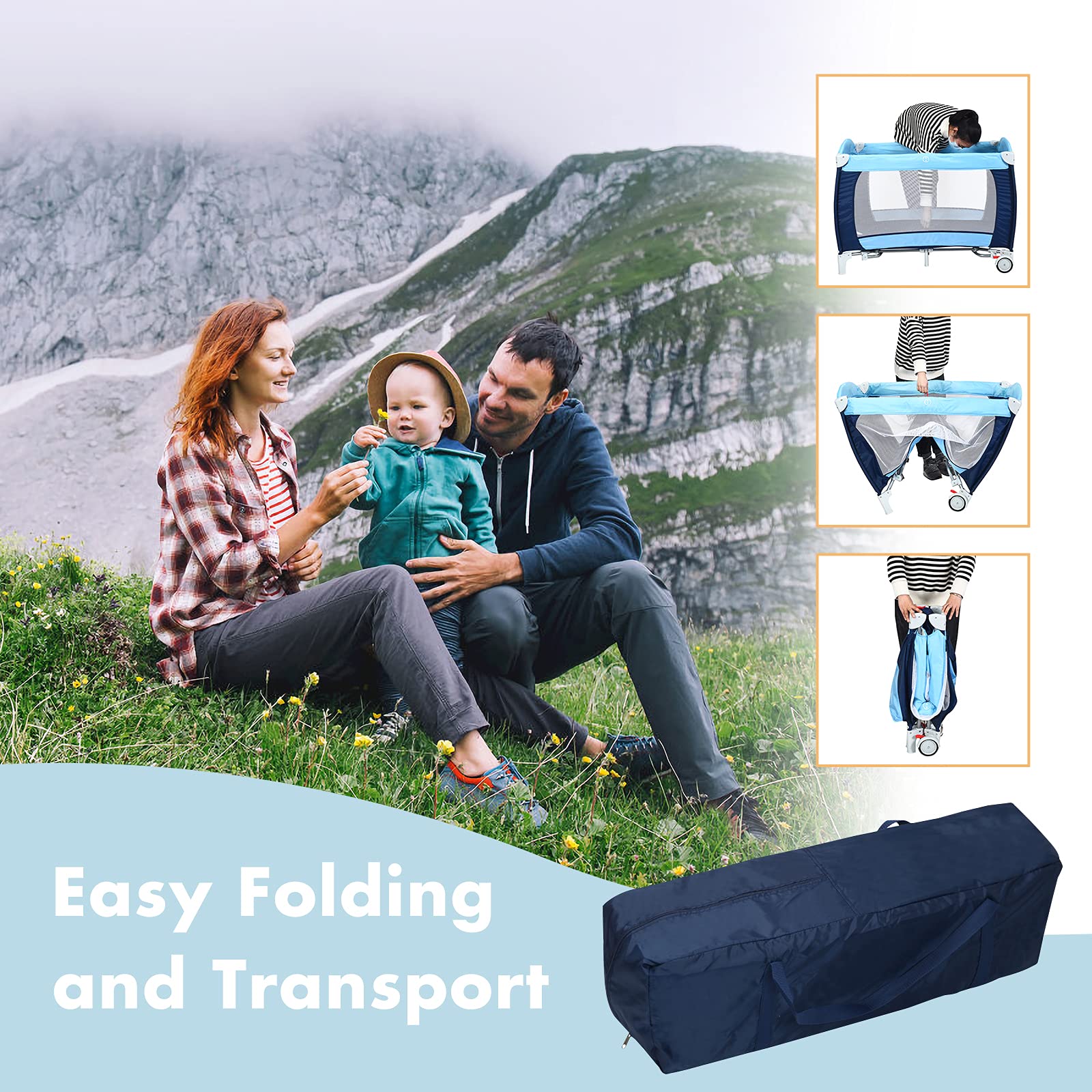 RELAX4LIFE Cuna de Viaje Bebé Plegable con Caja Musical, Mosquitera, Azul