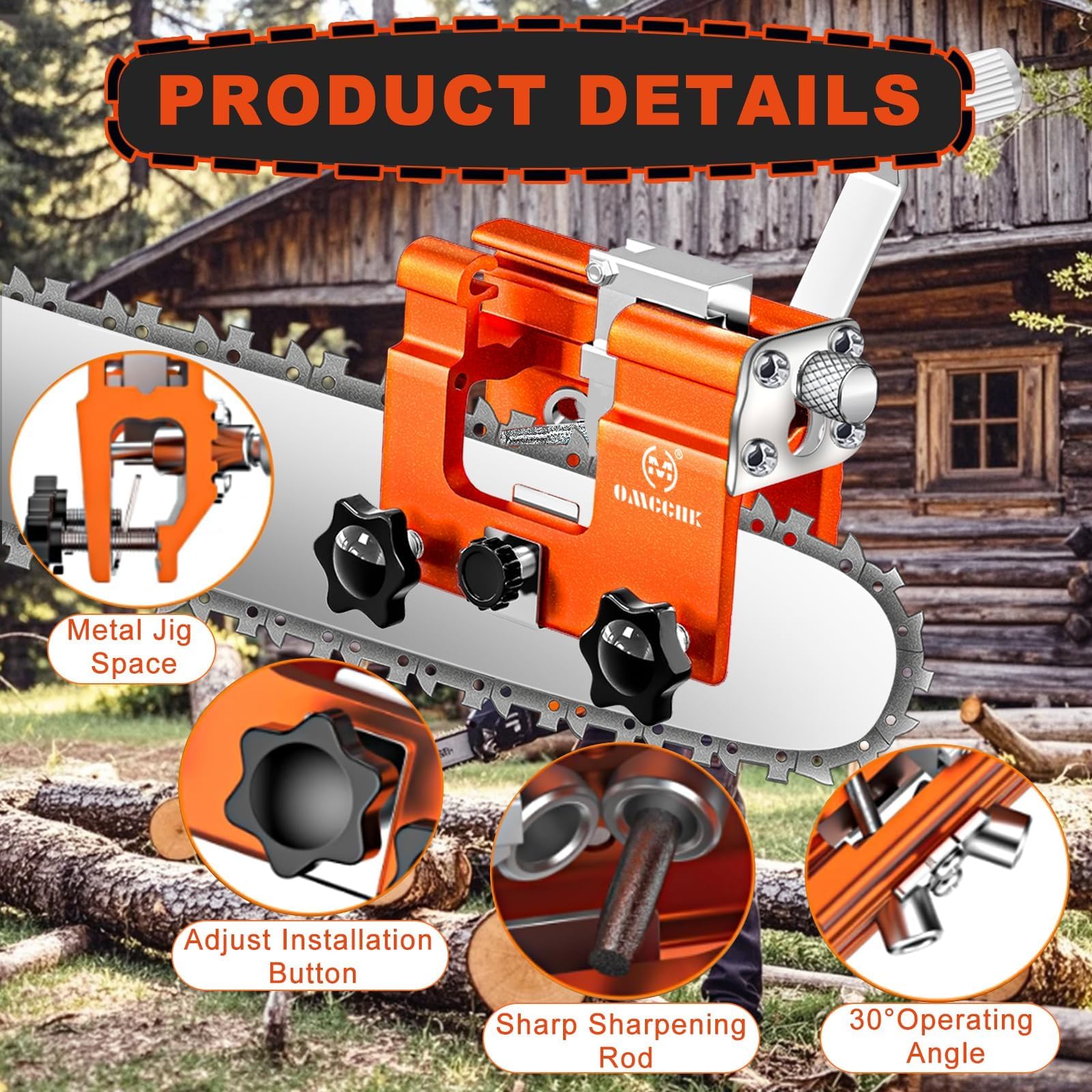 Portable Chainsaw Sharpener Jig with 5 Sharpening Steels, Universal Chainsaw Sharpening Tool with Cleaning Brush, Hand-Crank Chain Saw Sharpening Kit for 4-22" Electric Chain Saw — view 2