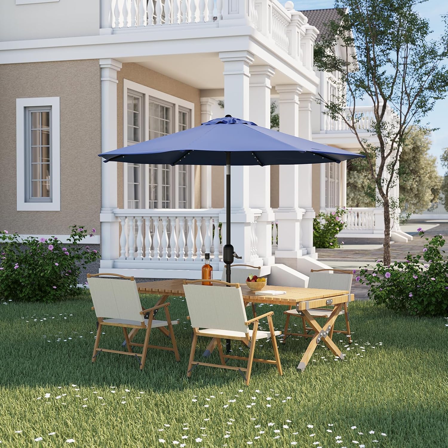 Solar LED Patio Umbrella With 8 Durable Ribs, Tilt & Crank Mechanism, Waterproof & UV Protection for Garden, Backyard, Poolside – Outdoor Sun Shade Umbrella With Built-In Solar Lights