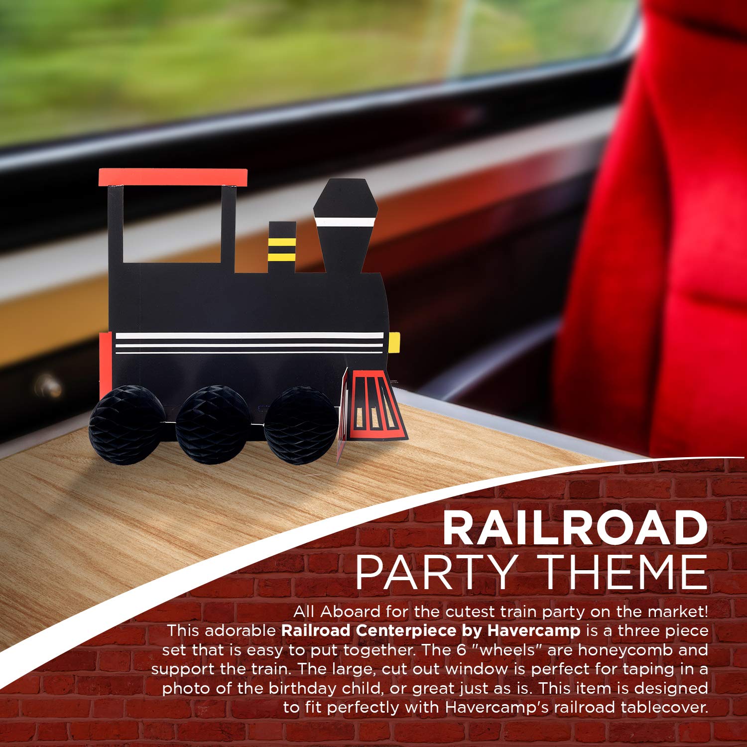 Havercamp Train Birthday Decorations, Cardboard Train Centerpiece for Kids Party, 3-Piece Set, 11.5in X13.5in, Simple Assembly Required