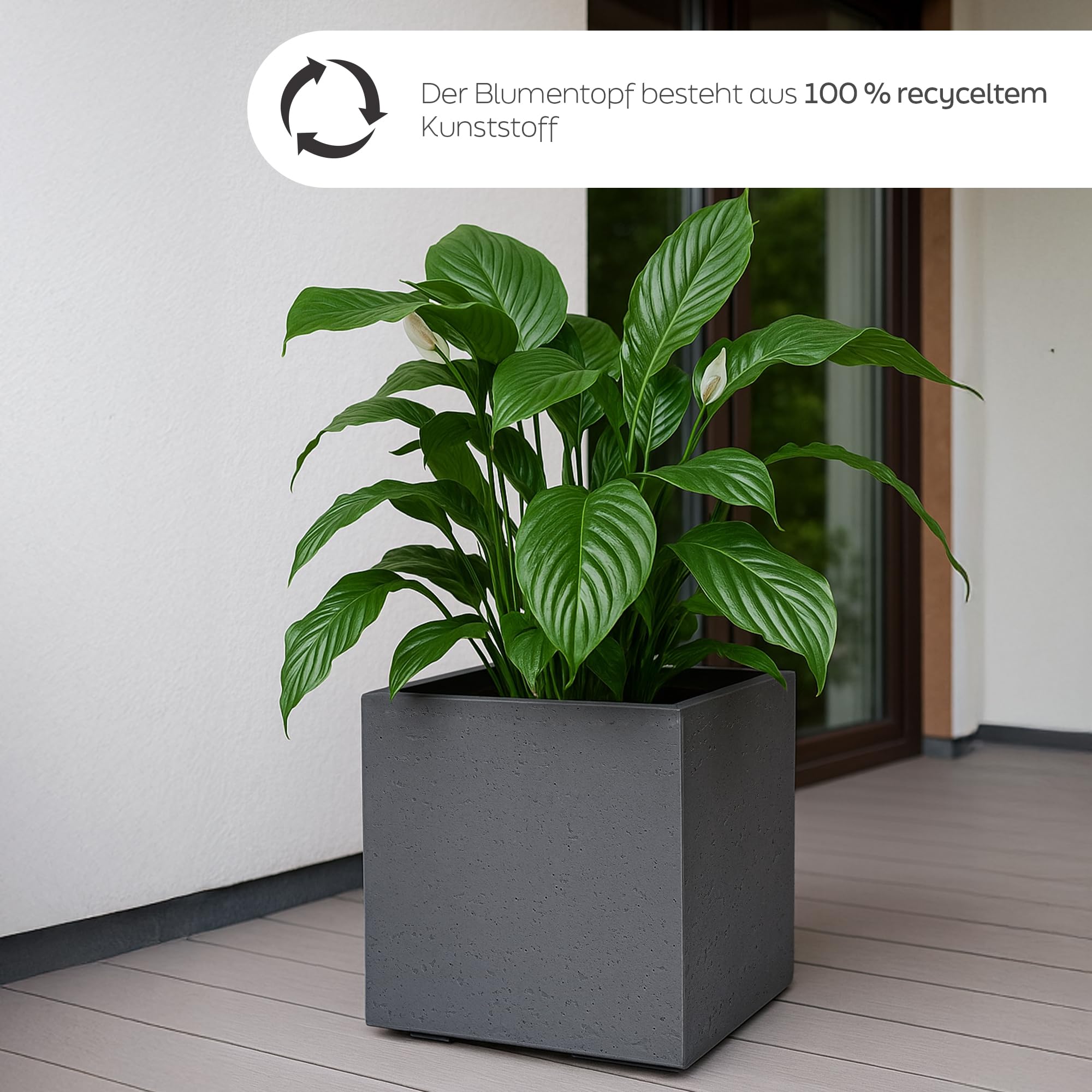 KONZEPT Großer Pflanzkübel auf Rollen, aus 100 % recyceltem Material - 30x30x30cm, für innen und außen, quadratisch, anthrazit in Beton-Optik, mobil – ideal für Garten, Terrasse, Balkon und Wohnräume