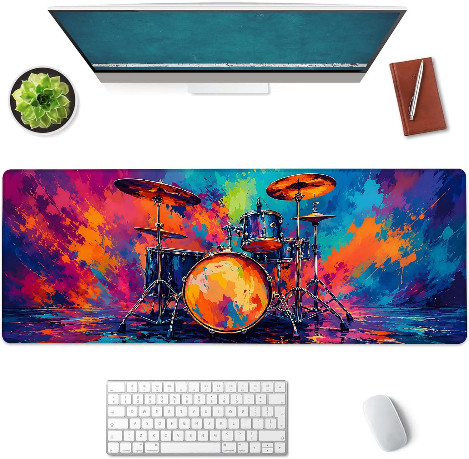 Colorful Drum Set Large Mouse Pad, Gaming Mouse Pad, Non-Slip Rubber Base, Office Accessories, Desk Mat, Floral MousePads for School, Work, Home Decor Gifts 31.5" x 11.8"