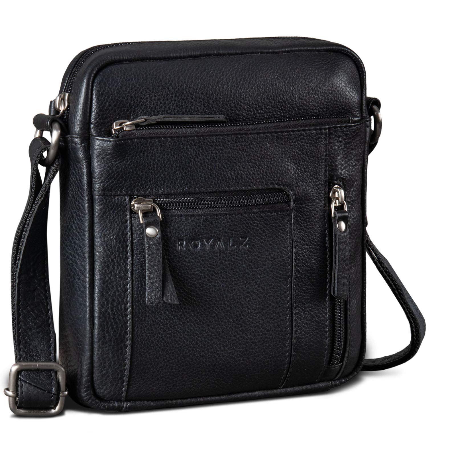 ROYALZ 'Dallas' Kleine Umhängetasche Herren Leder - Männer Schultertasche Echtleder im Vintage Look - Mini Ledertasche ideal für Alltag und Freizeit;Farbe:Schwarz