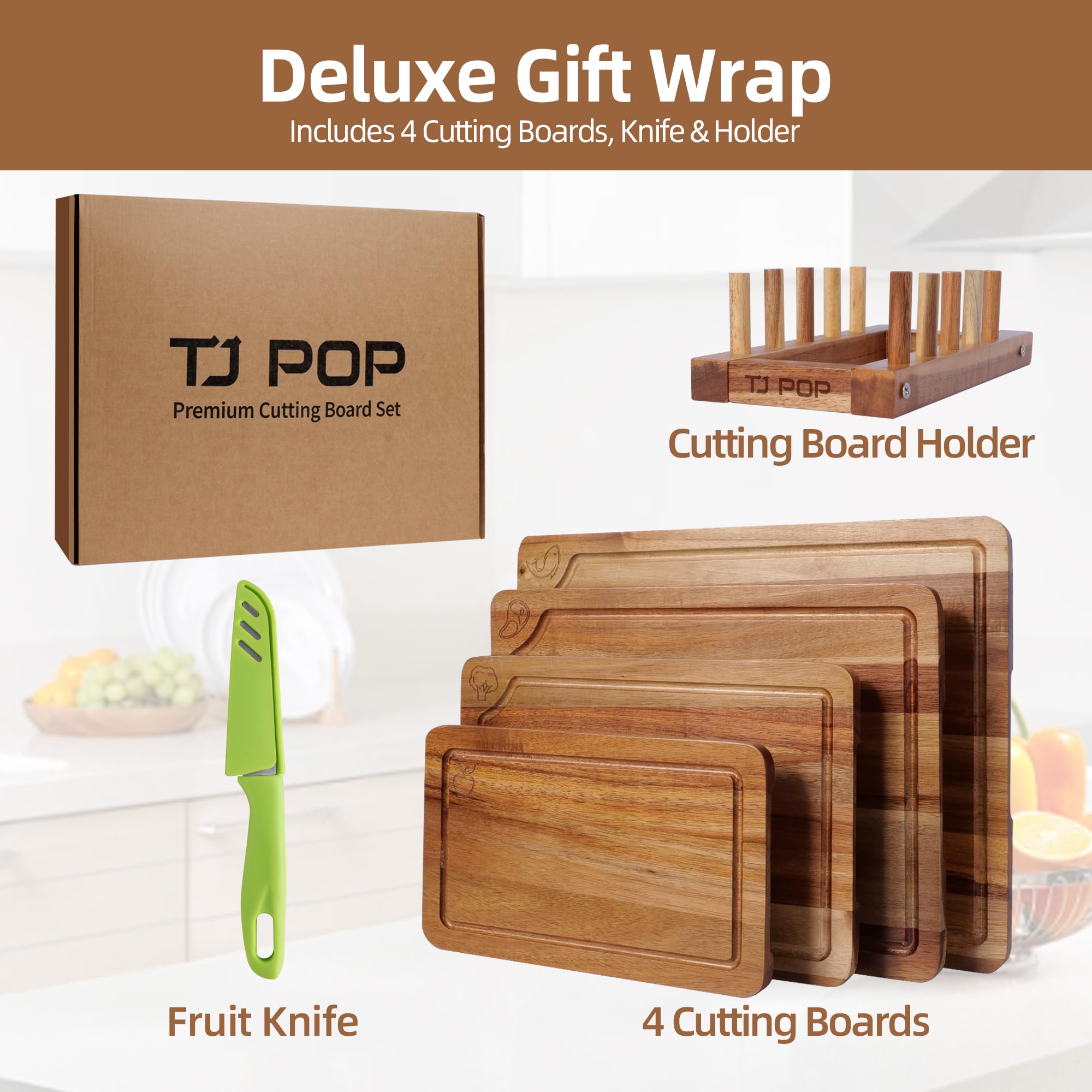 Set de 4 Tablas de Cortar, Tablas de Cortar de Madera de acacia, con Soporte y Símbolos de Alimentos, Ideal para Carne, Verduras, Frutas y Queso