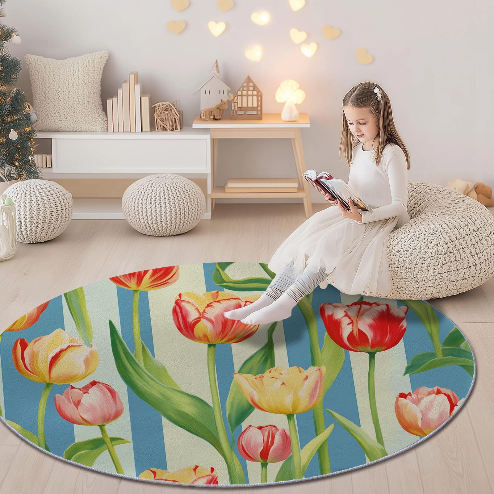 Okrągły flanelowy dywan 120 cm, nadrukowany ręcznie rysowane delikatne tulipany kwiatowe, różowe miękkie i wygodne antypoślizgowe dekoracje domu do sypialni, salonu