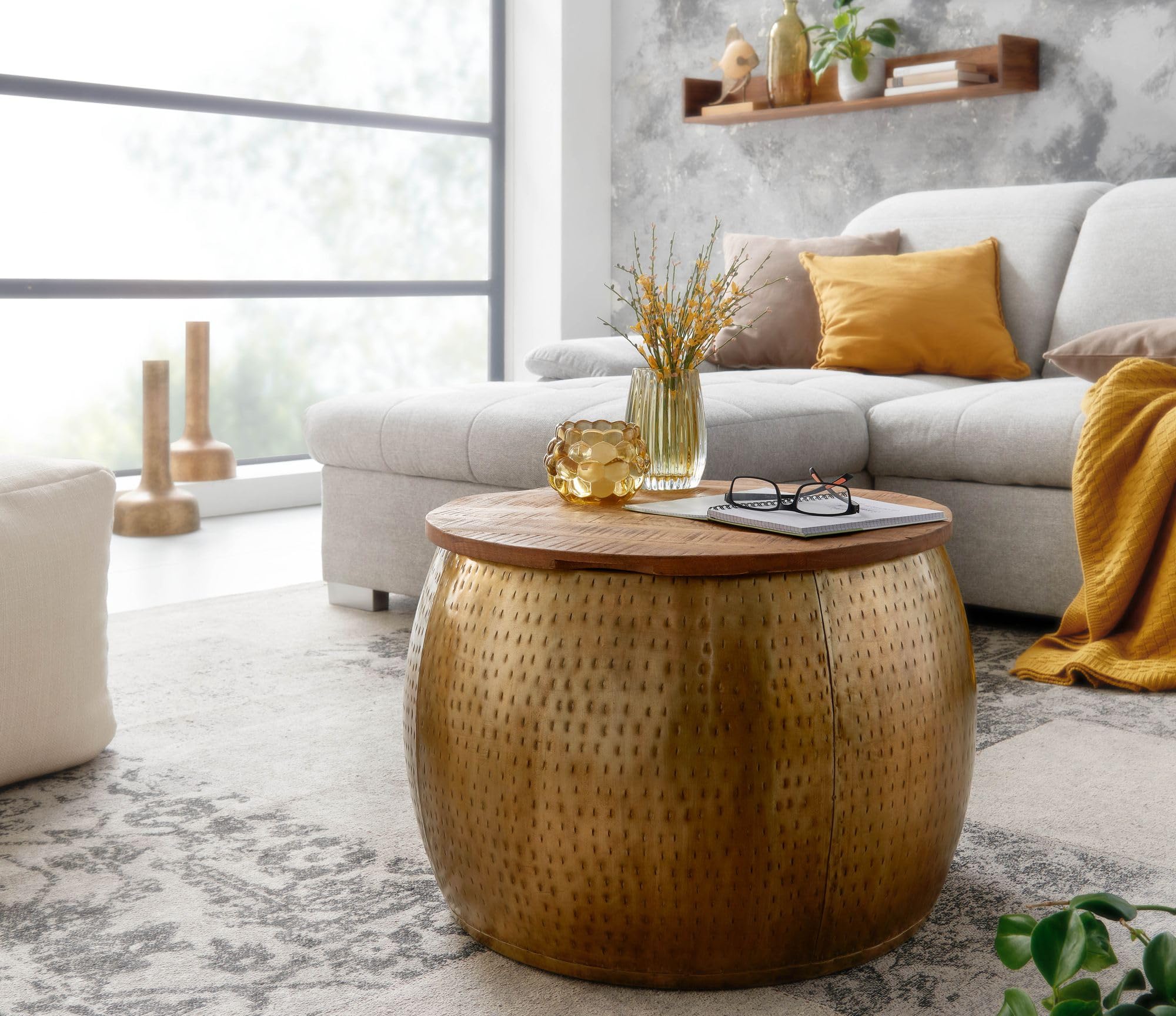 FineBuy Mesa de Centro Moderna Redonda 60x60x40 cm Metal y Madera Maciza de Mango | Mesa Auxiliar Oro con Almacenaje para Salón | Mesita Café para Sofá | mesa de salón con bandeja extraíble y compartimento, punta de sofá de madera auténtica, pieza única h