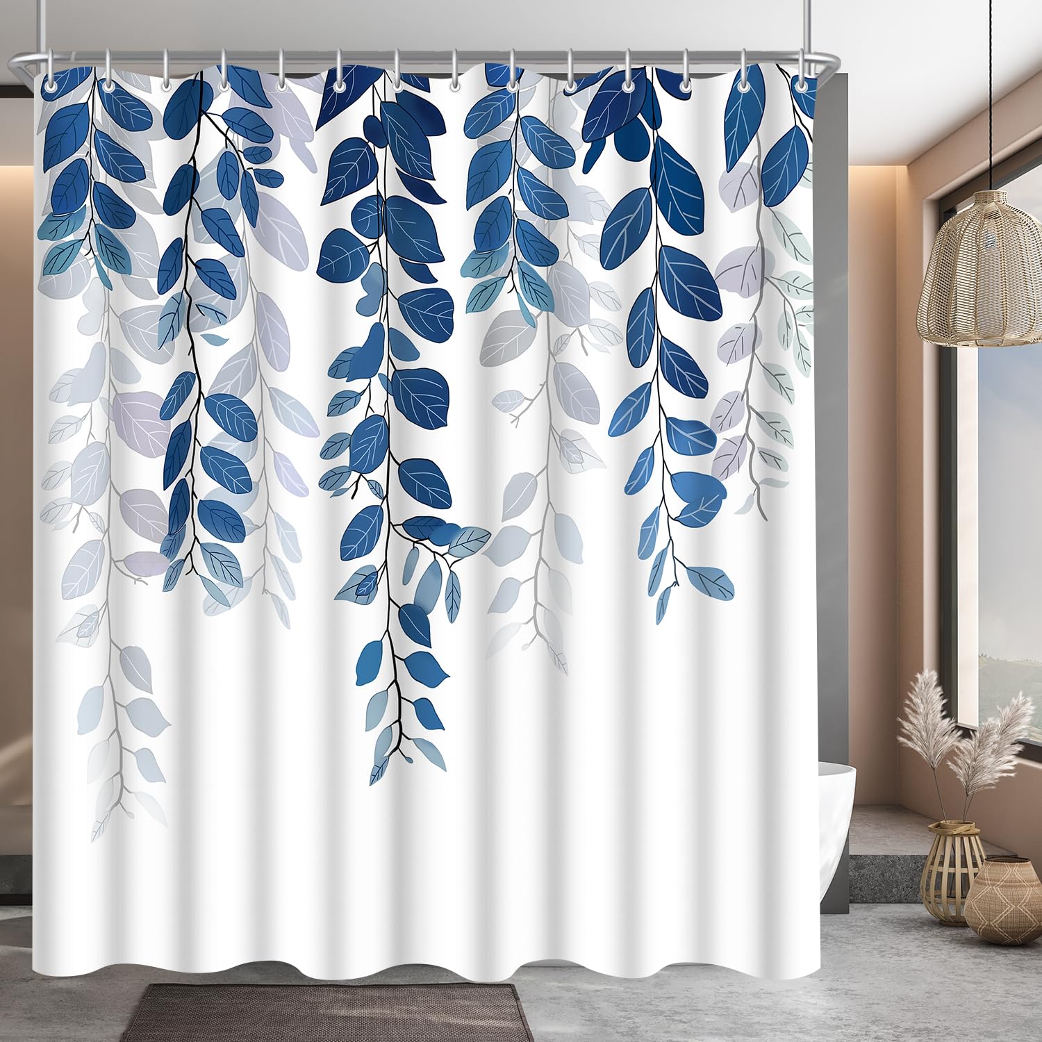 Lerores Shower Curtain, 180 x 180 cm, Blue Leaf, Weighted Hem, Anti-Mould Textile, Water-Repellent