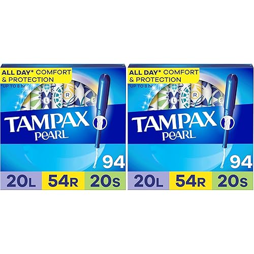 Tampax Pearl Tampons Multipack, Light/Regular/Super Absorbency, with Leakguard Braid, Unscented, 94 Count (Pack of 2)