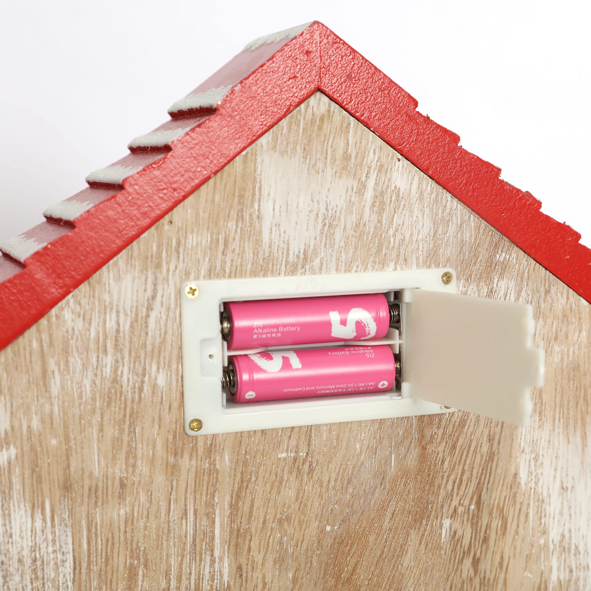 Calendrier de l'Avent en bois PE Maison de Noël rouge avec 24 tiroirs de rangement Organisateur de cadeaux avec éclairage LED Décoration de Noël