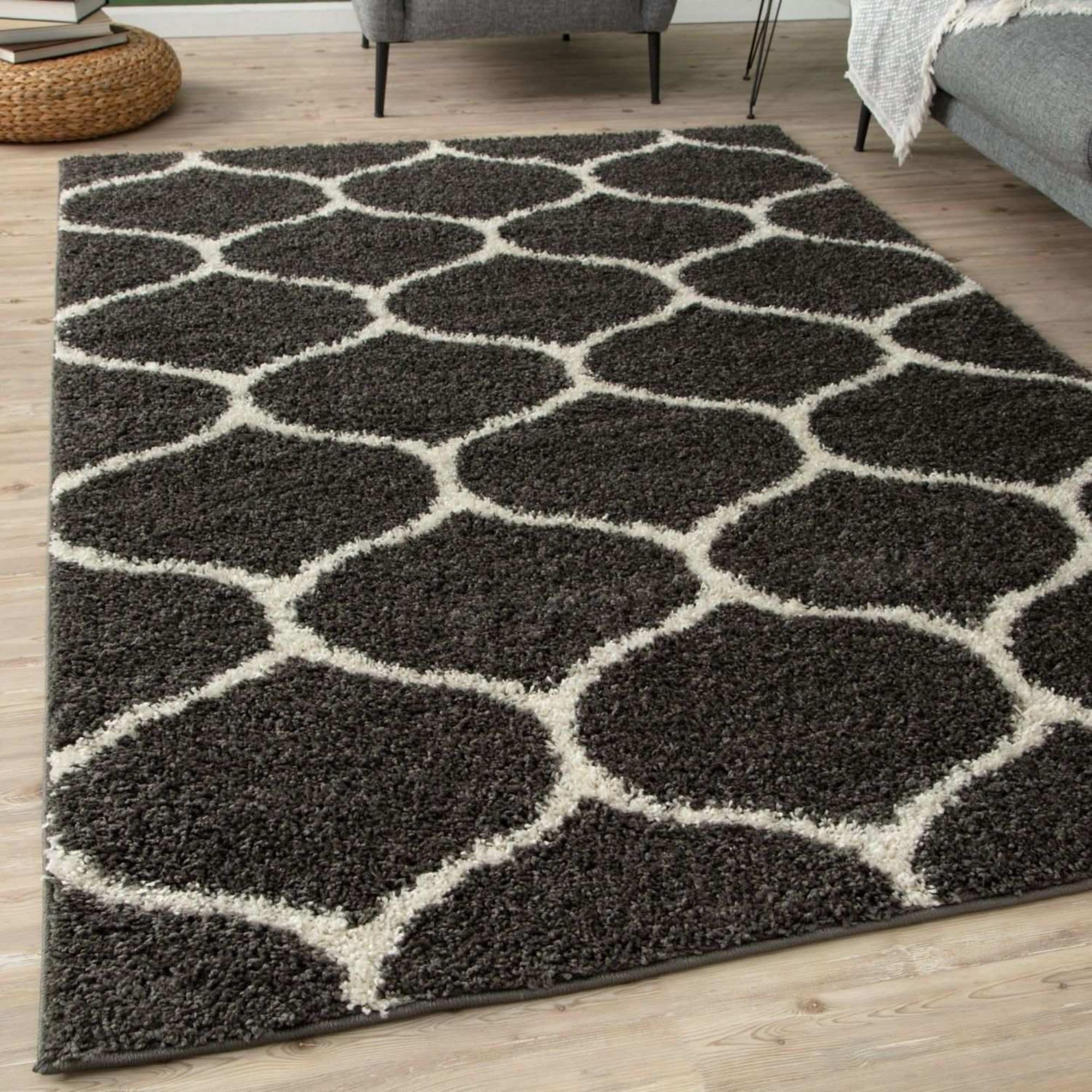The Rugs Unisex Dark Grey Soft Trellis Shaggy Rugs & Runners Living Room | Size: 240Cm X 340Cm