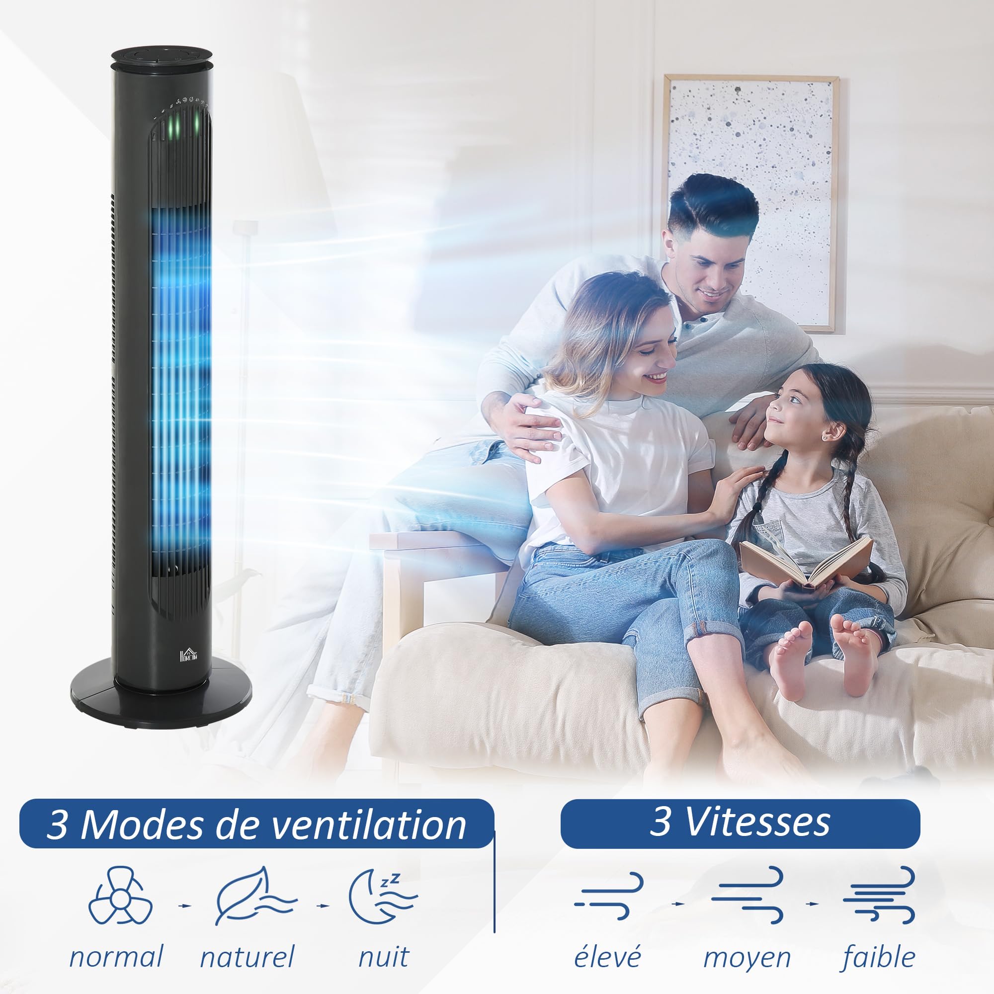 HOMCOM Ventilateur Colonne Silencieux 45 W pour Chambre 77H cm Gris Foncé | Ventilateur Tour, 3 Modes 3 Vitesses, Télécommande, Oscillant 70°, Minuterie