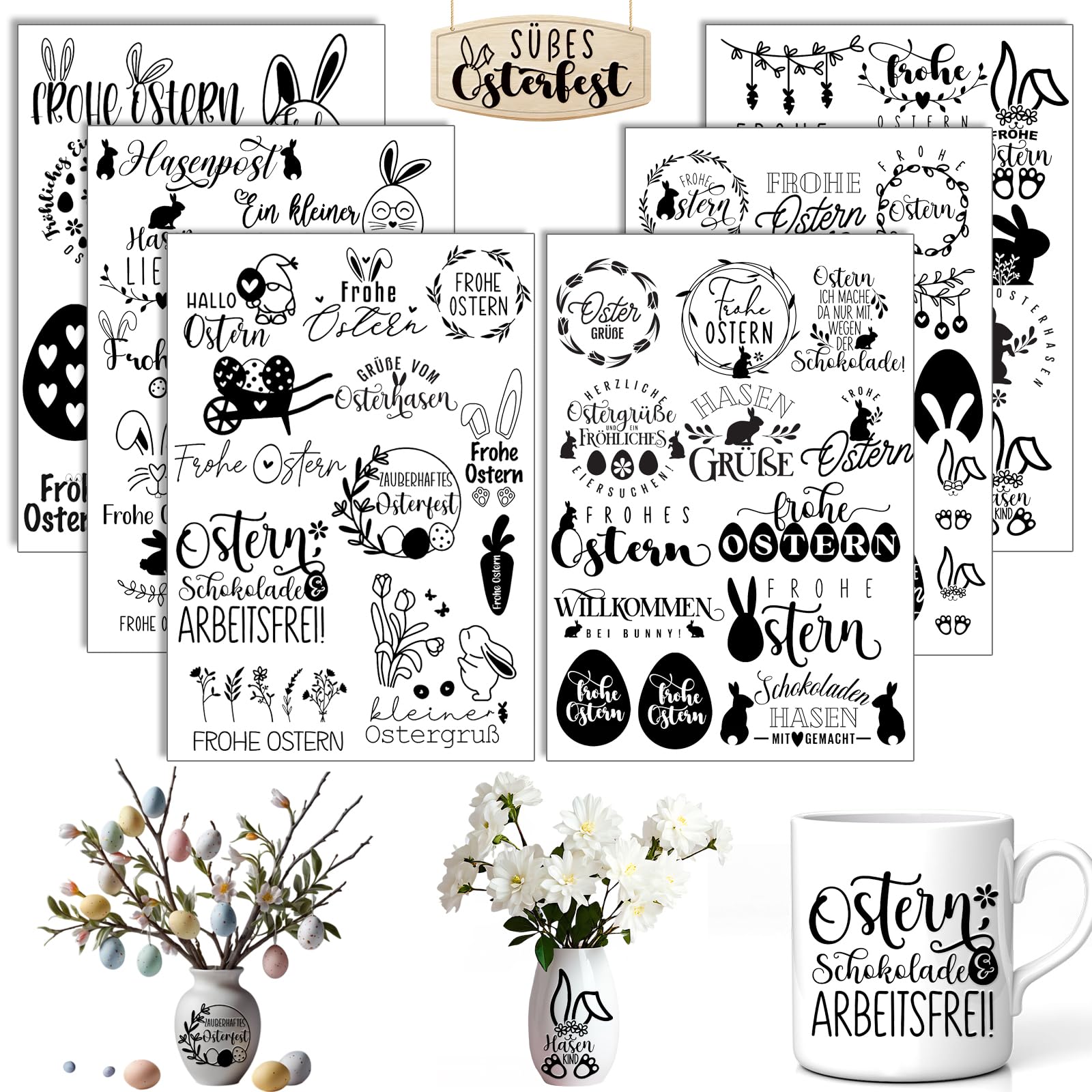 Rub On Sticker Blumen, 6 Stück A5 Rub On Aufkleber, Rub On Folie Transferaufkleber, Rub On Blume, für Möbel, Glas, Holz, Scrapbooking, DIY Basteln Deko