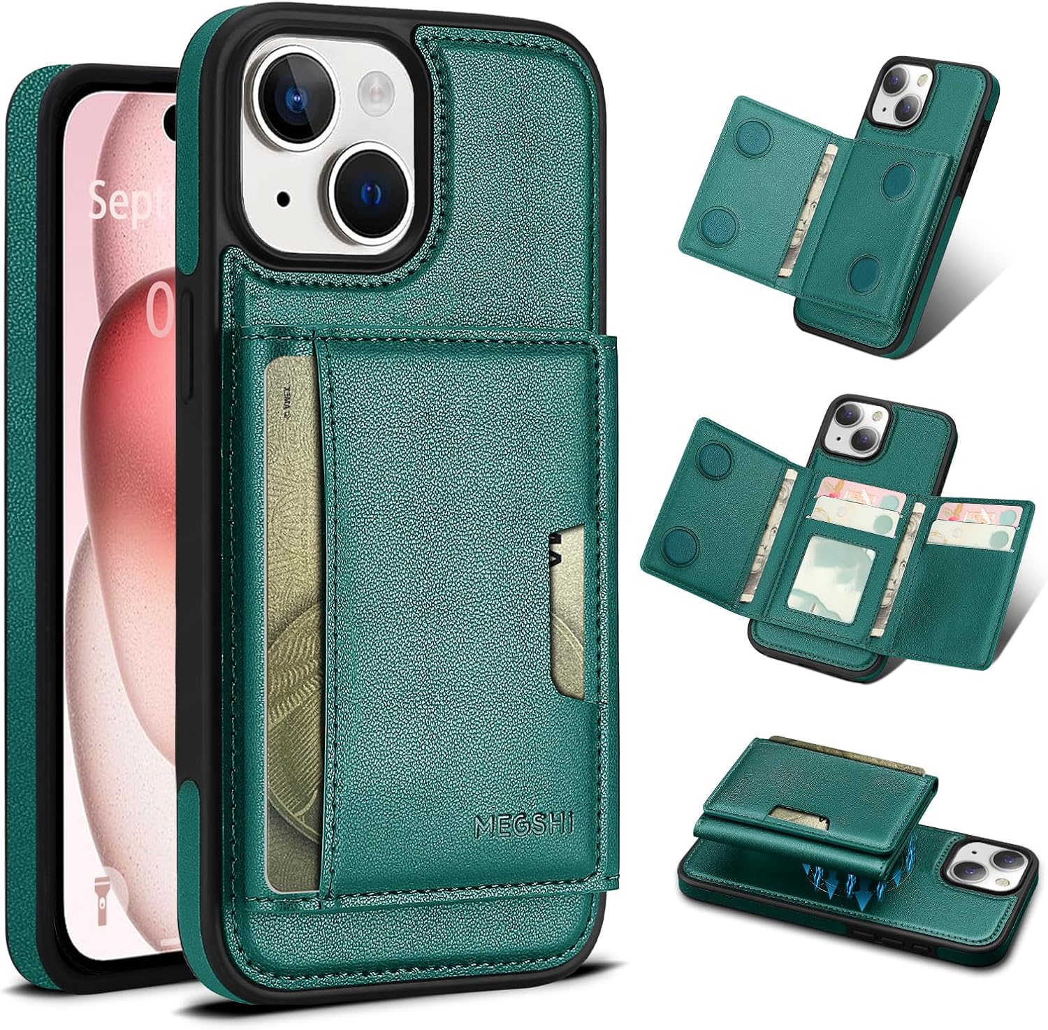 for iPhone 13 Wallet Case, 2-in-1 Detachable Wallet Case, Card Holder RFID Blocking, Fashionable Faux Leather Card Slot & Folding Design (Green 6.1'')