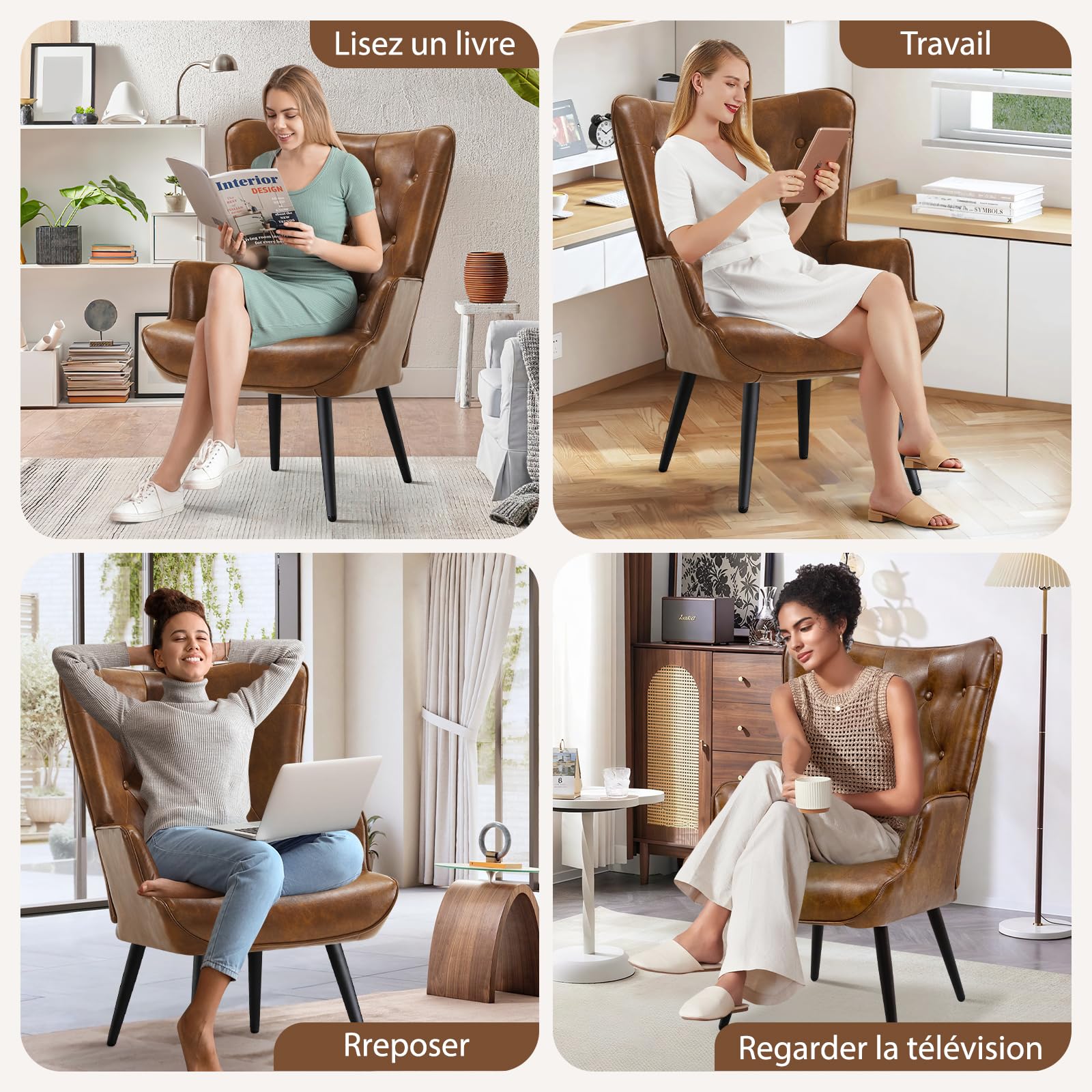 Fauteuil Salon Relax, Fauteuil Scandinave Moelleux en Similicuir Chaise Bouclette avec Accoudoirs & Dossier Ergonomique pour Salle à Manger, Salon, Chambre, Siege Bureau, Allaitement, Brun