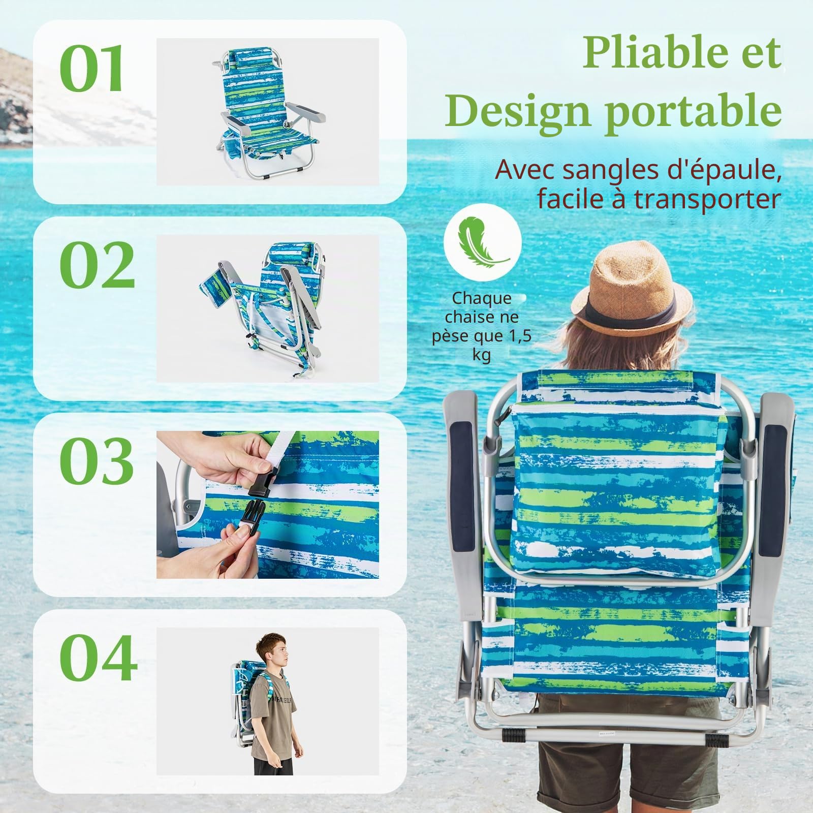 GIANTEX Chaise de Plage Pliable avec Sac à Dos, Chaise de Camping en Aluminium, Dossier Réglable en 5 Positions, Poches de Rangement, Appuie-tête Amovible (65 x 66 x 78 cm,Bleu + Vert,1)