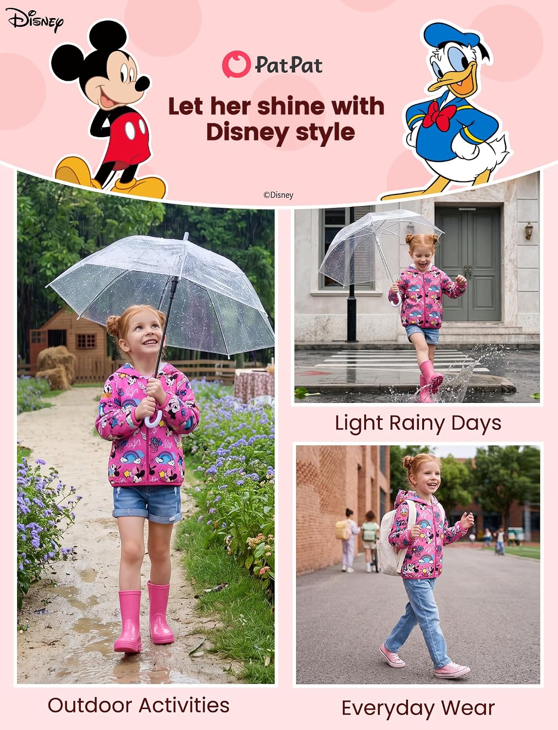 Disney Frozen Elsa Stitch Minnie Toddler Girls Hooded Rain Jackets Lightweight & Water-Resistant Kids Zip Up Rain Coats 2-6Y
