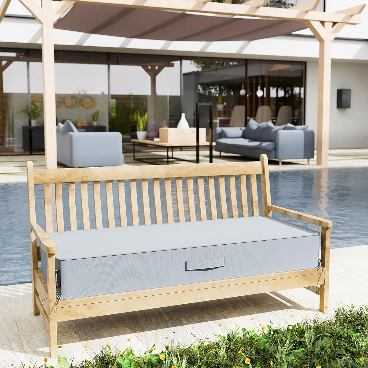 Outdoor 36" x 18" x 5" Water-Resistant Bench Cushion with Removable Cover, Olefin Weather and Fade Resistant Patio Furniture Thickened Seat Pad with Handle & Adjustable Straps, Light Gray