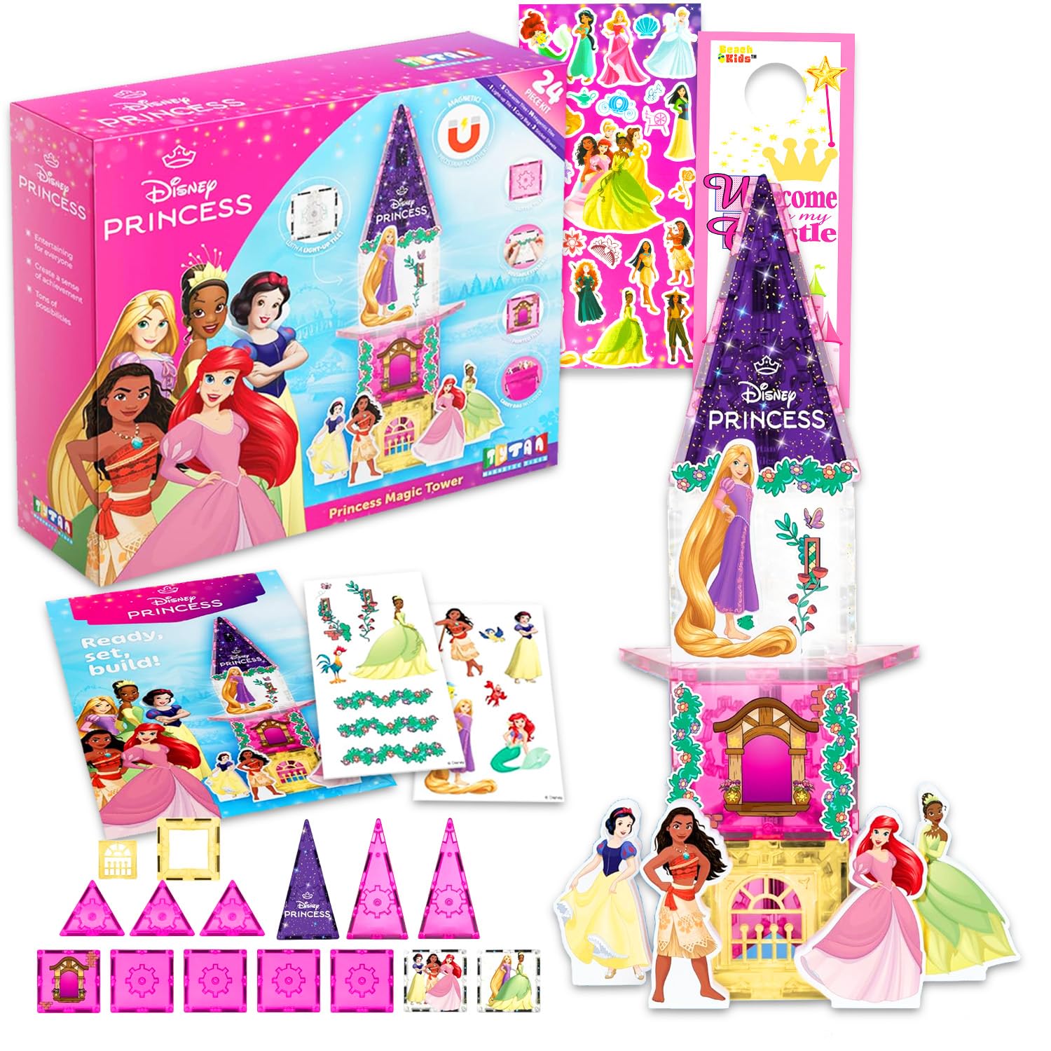 Disney Zestaw płytek z magnetyczną postacią księżniczki – zestaw z 24 szt. Disney STEAM Building zabawka edukacyjna plus naklejki, więcej | Zestaw zabawek do budowania księżniczki Disney