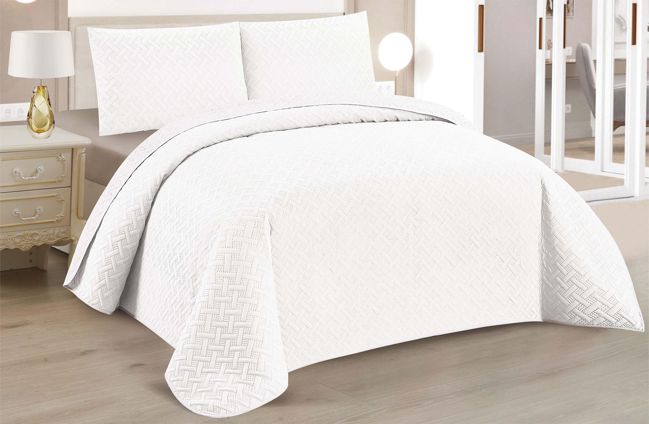 BESCH Colcha Boutis para Primavera y Verano con Relieve Trenzado de Color Blanco + 2 Funda Cojin 50x70 cm - Cubrecama Ligera Fina Entretiempo Extra Suave y Transpirable (Cama 135, 220x260cm)