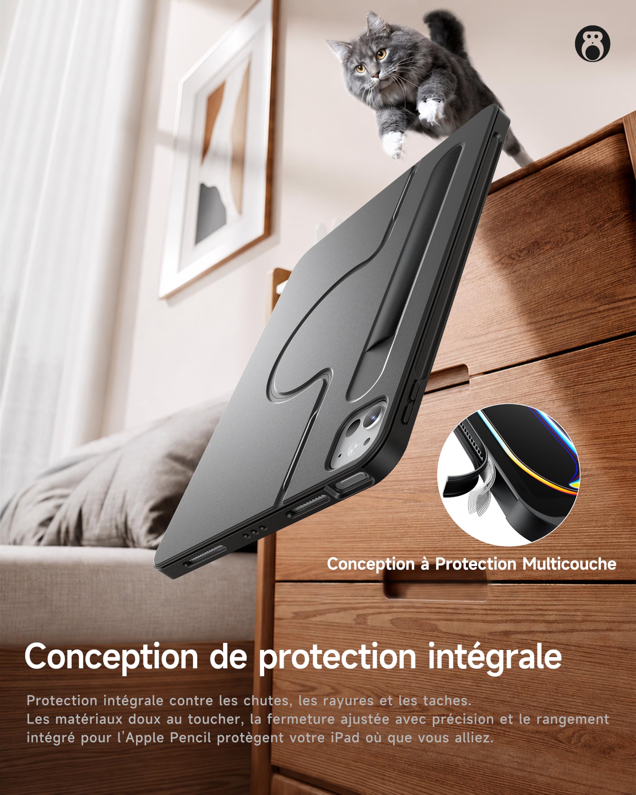 HOU Clavier Rotative pour iPad Air 13" M4/M3/M2, Coque Magnétique Détachable avec Clavier pour iPad Pro 13" M5/M4 et Pro 12.9" 6e/5e/4e/3e génération, avec Pavé Tactile, Rétroéclairage - Noir