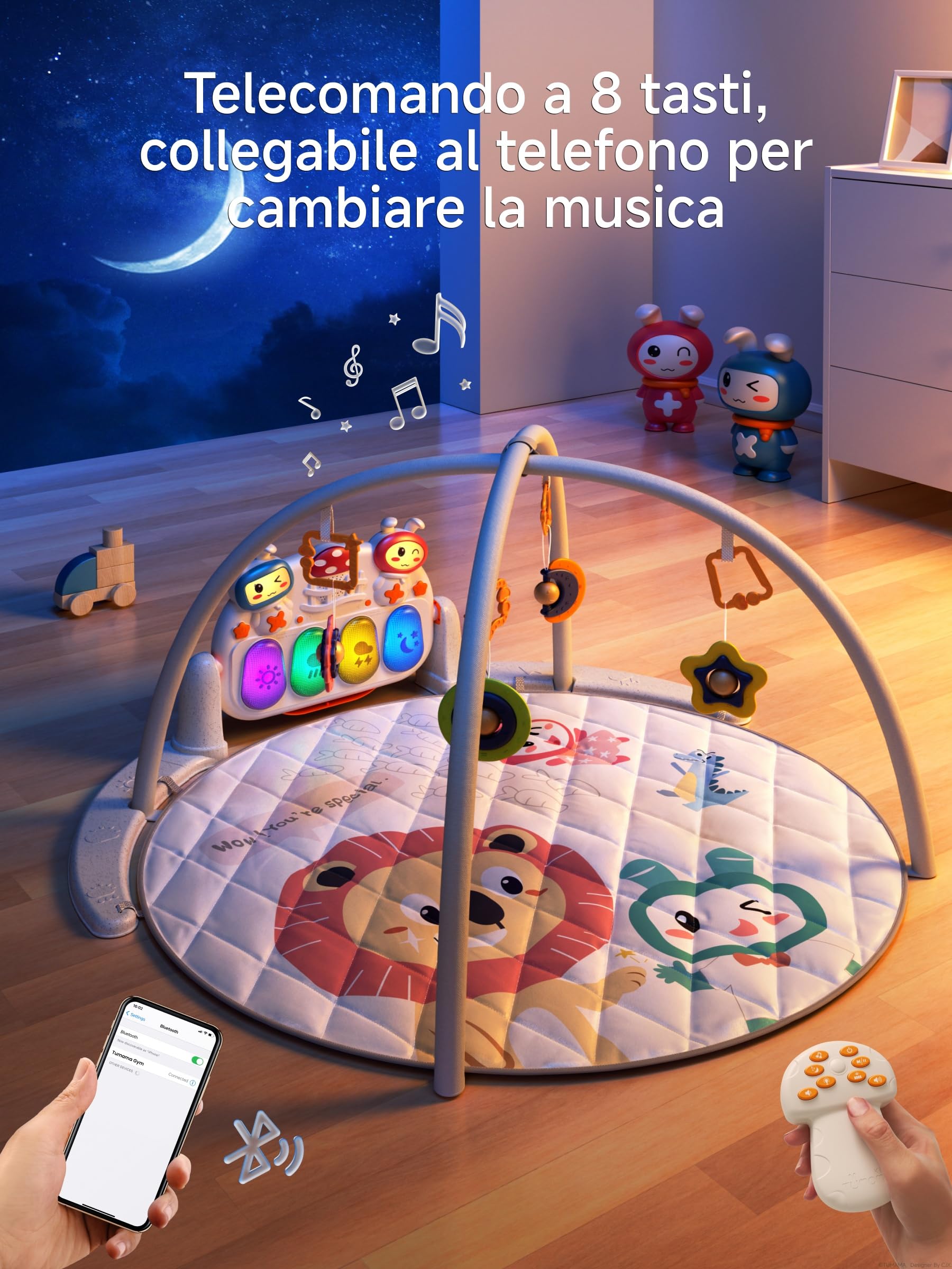 TUMAMA KIDS 4-in-1 Baby Gym Neonato, Palestra Tappeto Musicale Giochi Per Bambini, Palestrina Con Pianola Bambino, 70+ Suoni, 25+ Min Musica e Luci, Arco Attività Gioco, Giocattoli Neonati 3 6 7 Mesi