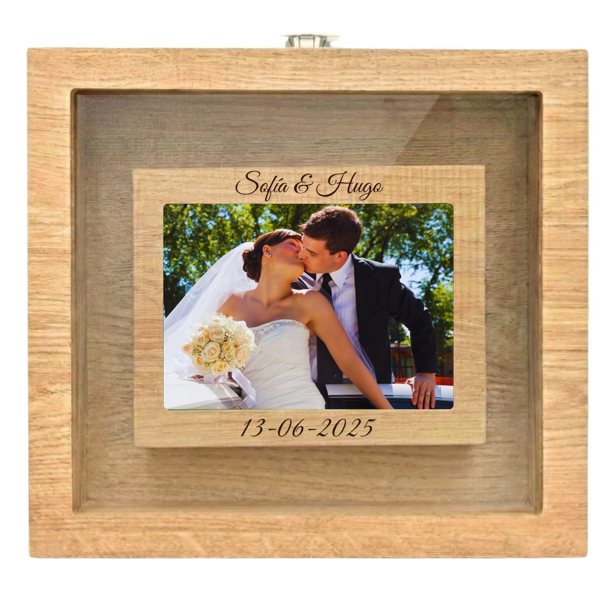 Rito della sabbia matrimonio - NIRALIS - cornice cerimonia rovere personalizzabile con nomi e data sopra foto 10x15, chiusura magnetica e ricordo artigianale per nozze - 24x26x5 cm variante semplice
