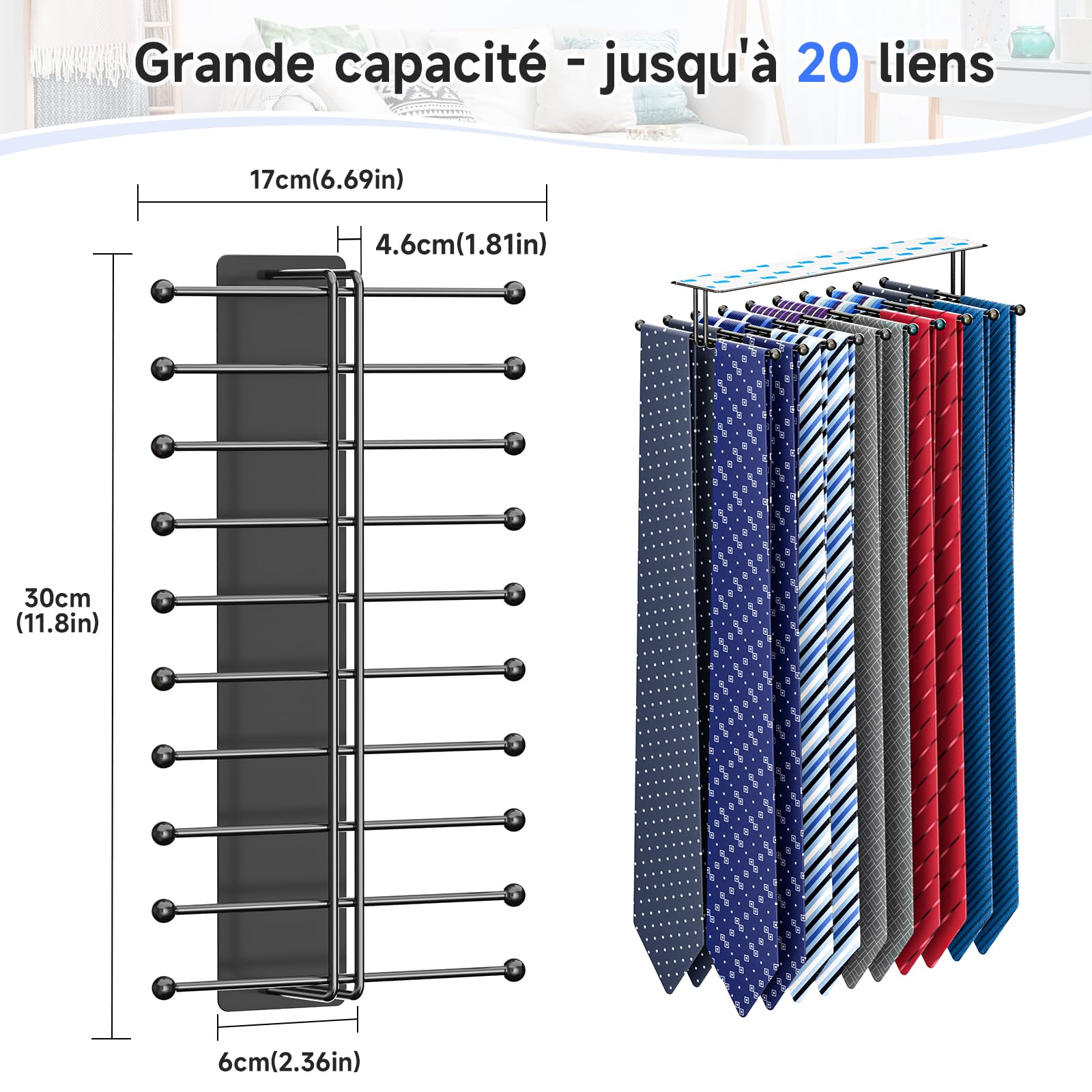 Portacravatte da Armadio, Porta Cravatte da Parete Adesivo, Porta Cinture da Armadio con 20 Ganci per Organizzare e Conservare Cravatte, Organizer per Cravatte da Uomo e Cinture, fermacravatta