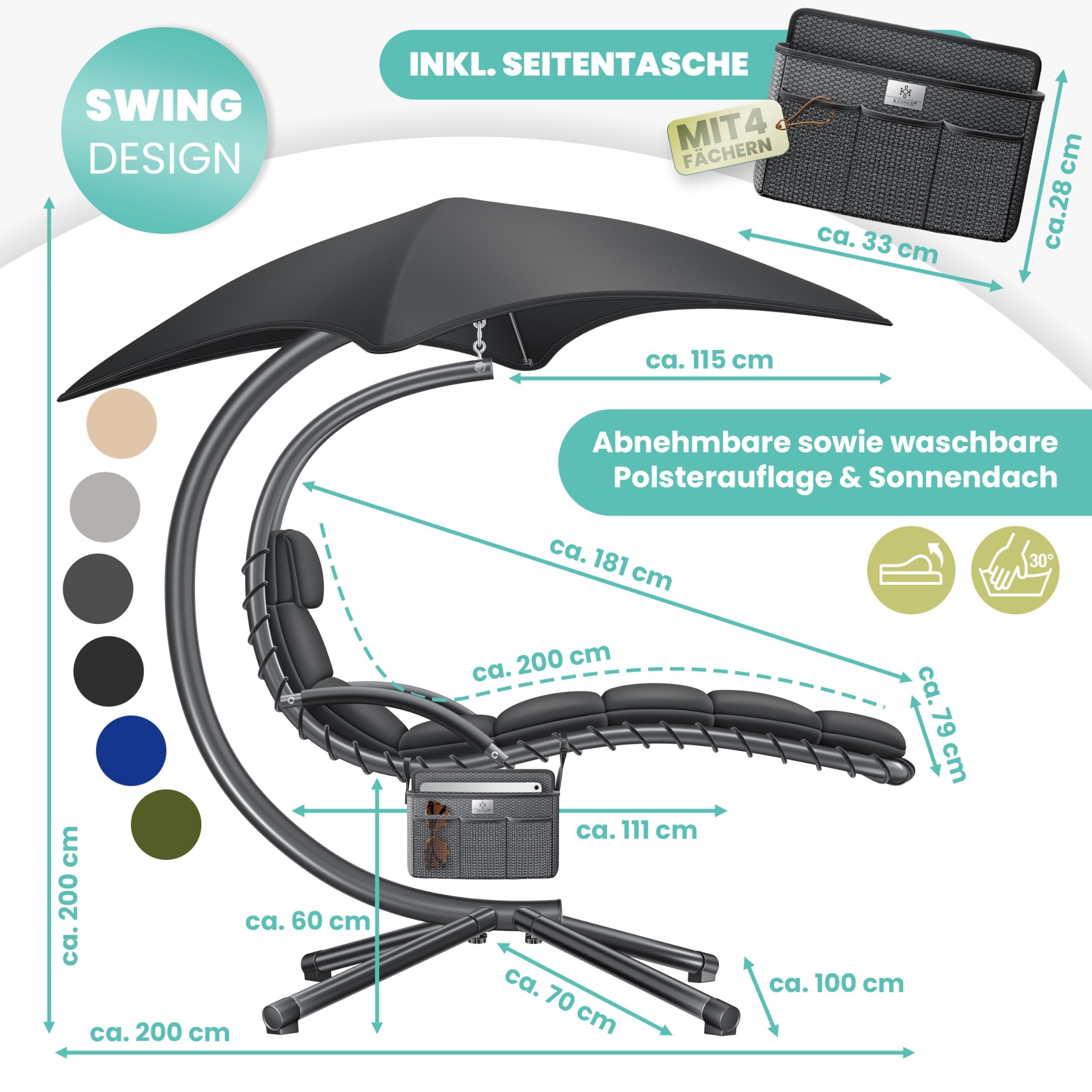 KESSER® Schwebeliege mit Sonnenschirm, Hängeliege, Sonnenliege H200, L194, B100 cm, Relaxliege, Schaukelliege Hängematte, bis 120 kg belastbar, Auflagen - Nackenkissen, Inkl. Tasche