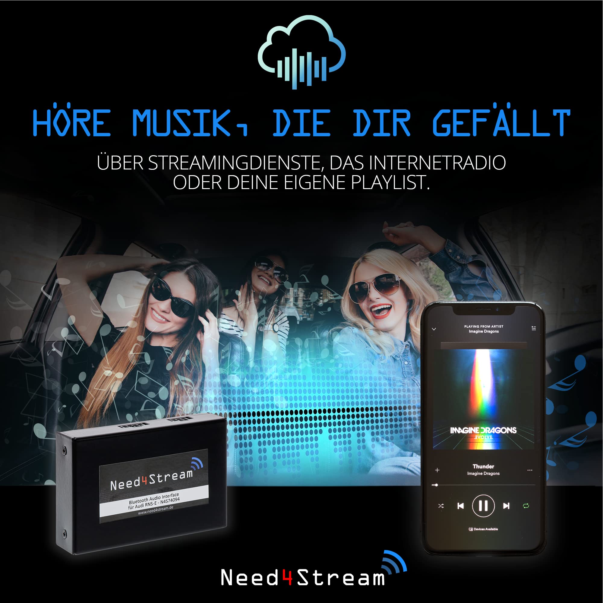 N4S74094 Bluetooth Adapter Auto mit Titelanzeige für RNS-E, Audio Adapter kompatibel mit Audi A3 (8P), Audi TT (8J), Audi R8 (420), Lamborghini Gallardo, Seat Exeo, iPhone und Android