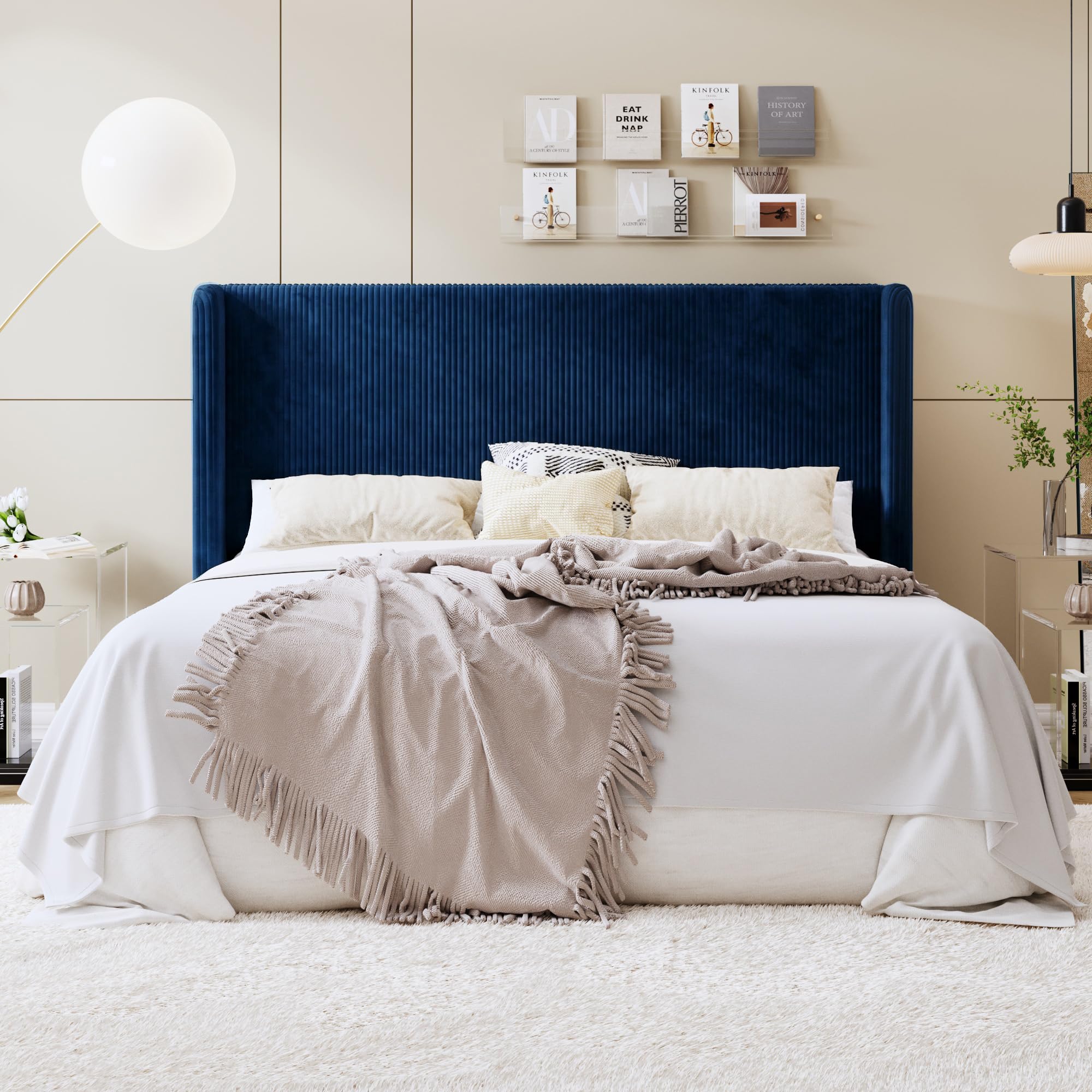 SHA CERLIN King Corduroy Platform Bed with Tufted Wingback Headboard, Blue