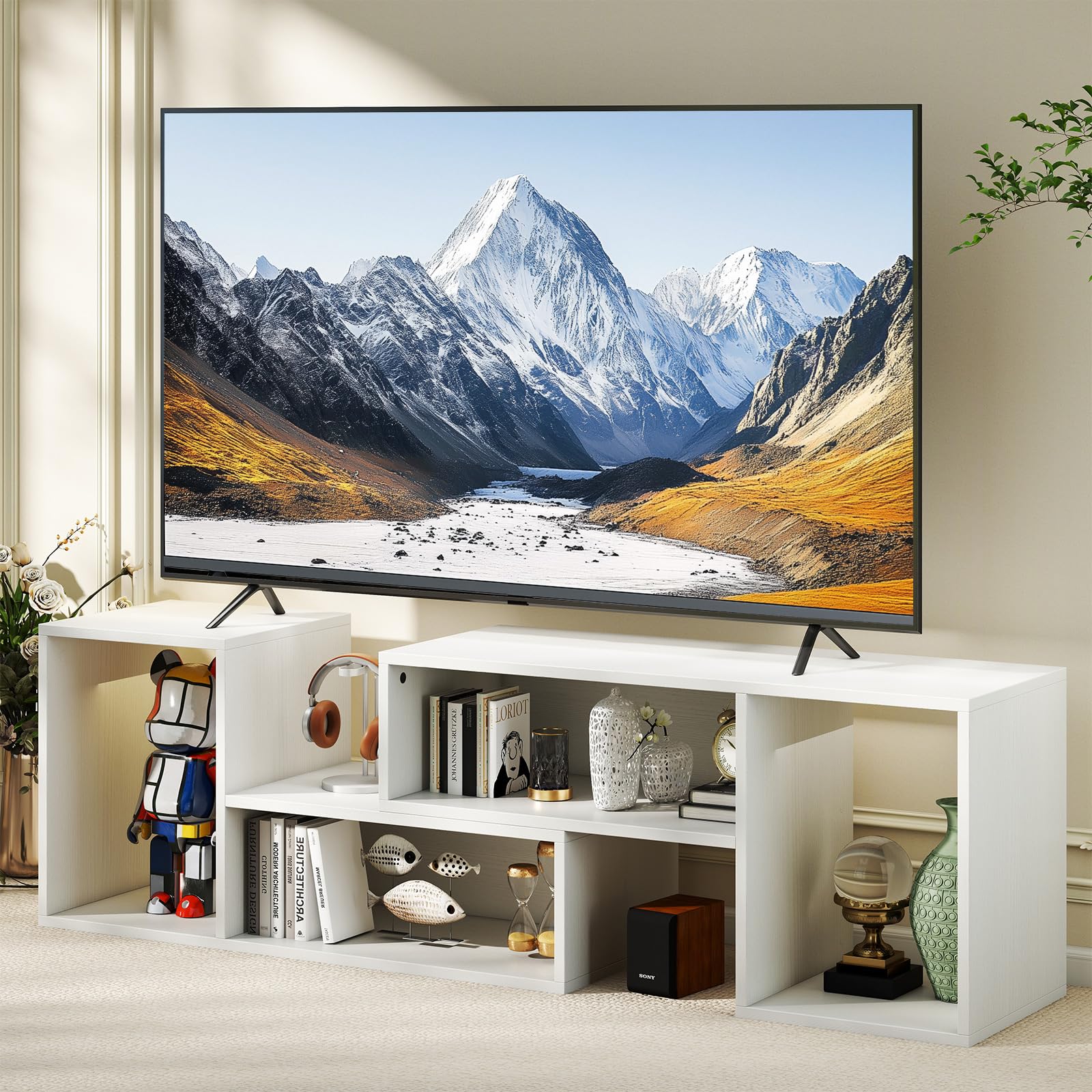 GIANTEX Meuble TV Combiné Libre avec Étagères Ouvertes, Meuble Télé 2 Pièces en MDF 50-60 Pouces, Meuble TV Bois pour Salon Chambre et Bureau, 110-134,5 X 30 X 43 CM (Blanc)