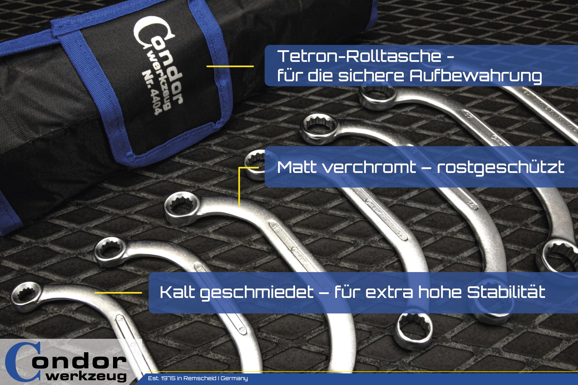 CONDOR Werkzeug 4404 | Starter- und Blockschlüssel-Satz | 7-tlg. | 6x7-18x19 mm | Chrom-Vanadium-Stahl | Doppelringschlüssel-Satz C-Form Ringschlüssel-Set für Werkstatt und Heimwerker