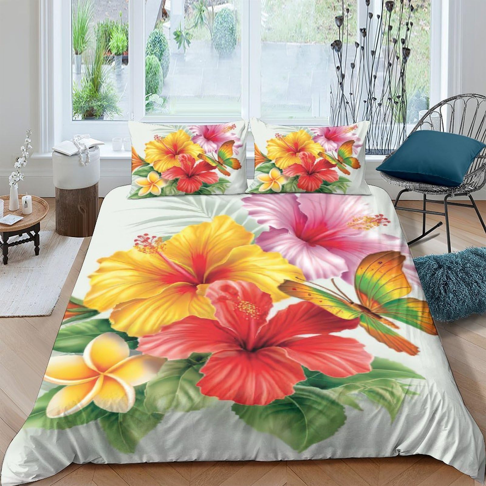 Ctjqhvkz Style-7 3D Printed Tropical Hibiscus Fitted Sheet Microfiber Soft Breathable Butterfly Bed Cover For Bedroom Decor Single（135X200cm）
