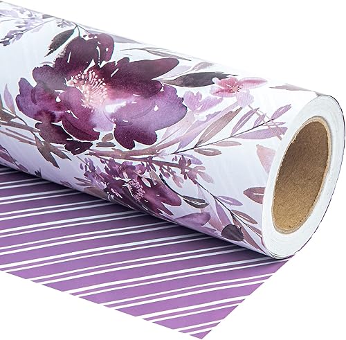 WRAPAHOLIC Papel de regalo reversible, mini rollo, 17 pulgadas x 33 pies, hermoso diseño floral morado para bodas, fiestas, cumpleaños, vacaciones,