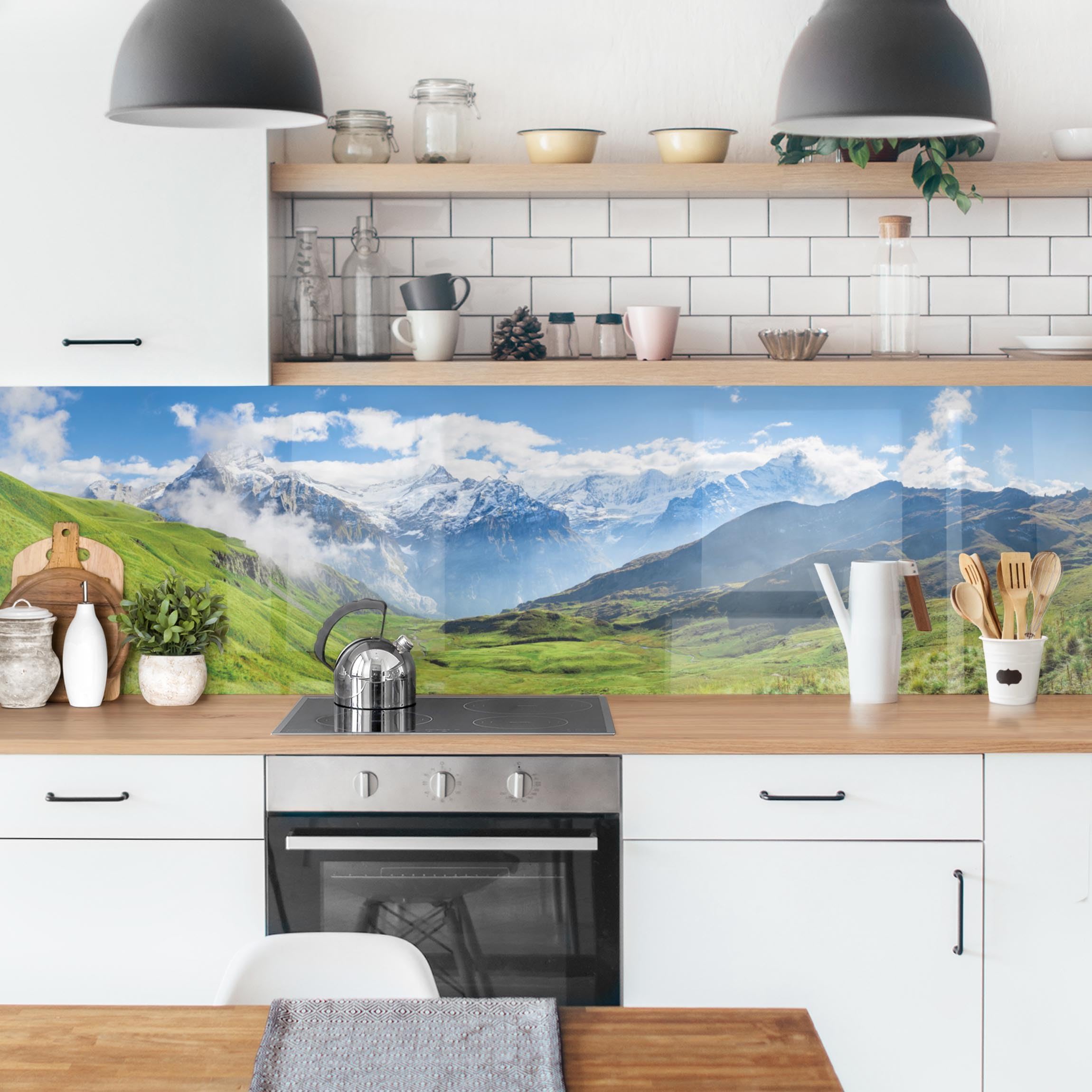 Küchenrückwand selbstklebend Jan Becke Natur ohne Bohren fugenlos - Made in Germany - Berg Modern matt Paneel grün Küche Herd Spritzschutz 1934 (140x40cm)